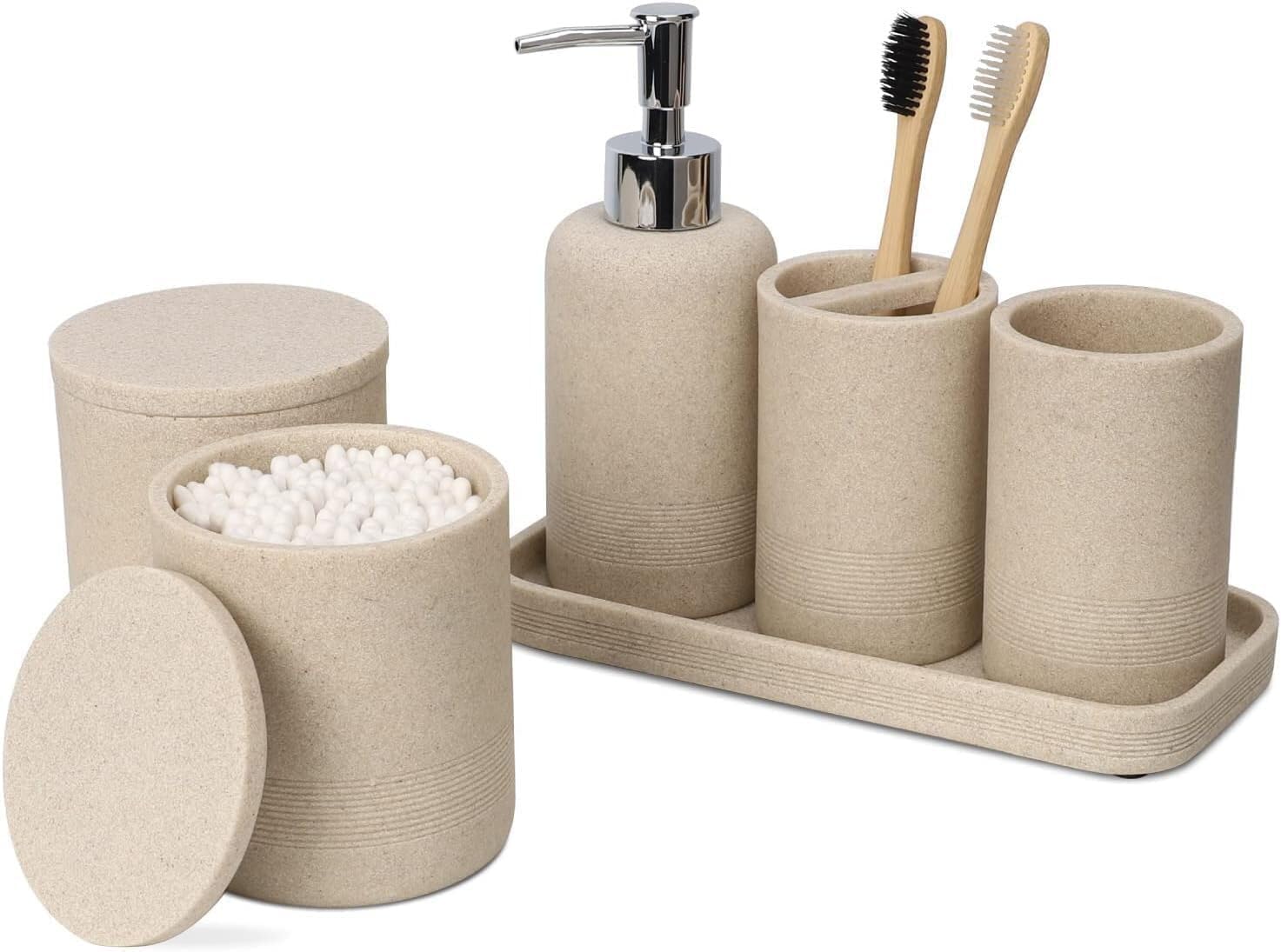 ZCCZ Beige Bathroom Accessories Set 6 Pieces - Toothbrush Holder, Lotion Dispenser, Qtip Container, Vanity Tray, Tumbler - Countertop Organizer for Bathrooms - Elegant and Functional D?©cor Set