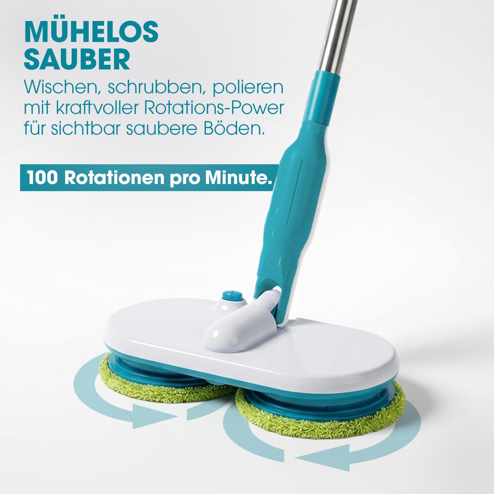 Hurricane Floating Mop Set - Akku Bodenwischer kabellos - Elektrischer Wischmopp zum Wischen, Schrubben, Polieren - Akkumop, Bodenreiniger rotierend inkl. 2 Mikrofaserpads, 2 Scheuerpads, 2 Polierpads