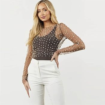 Sun.YG See Through Mesh Pearl Cover Up Long Sleeve Mesh Top
