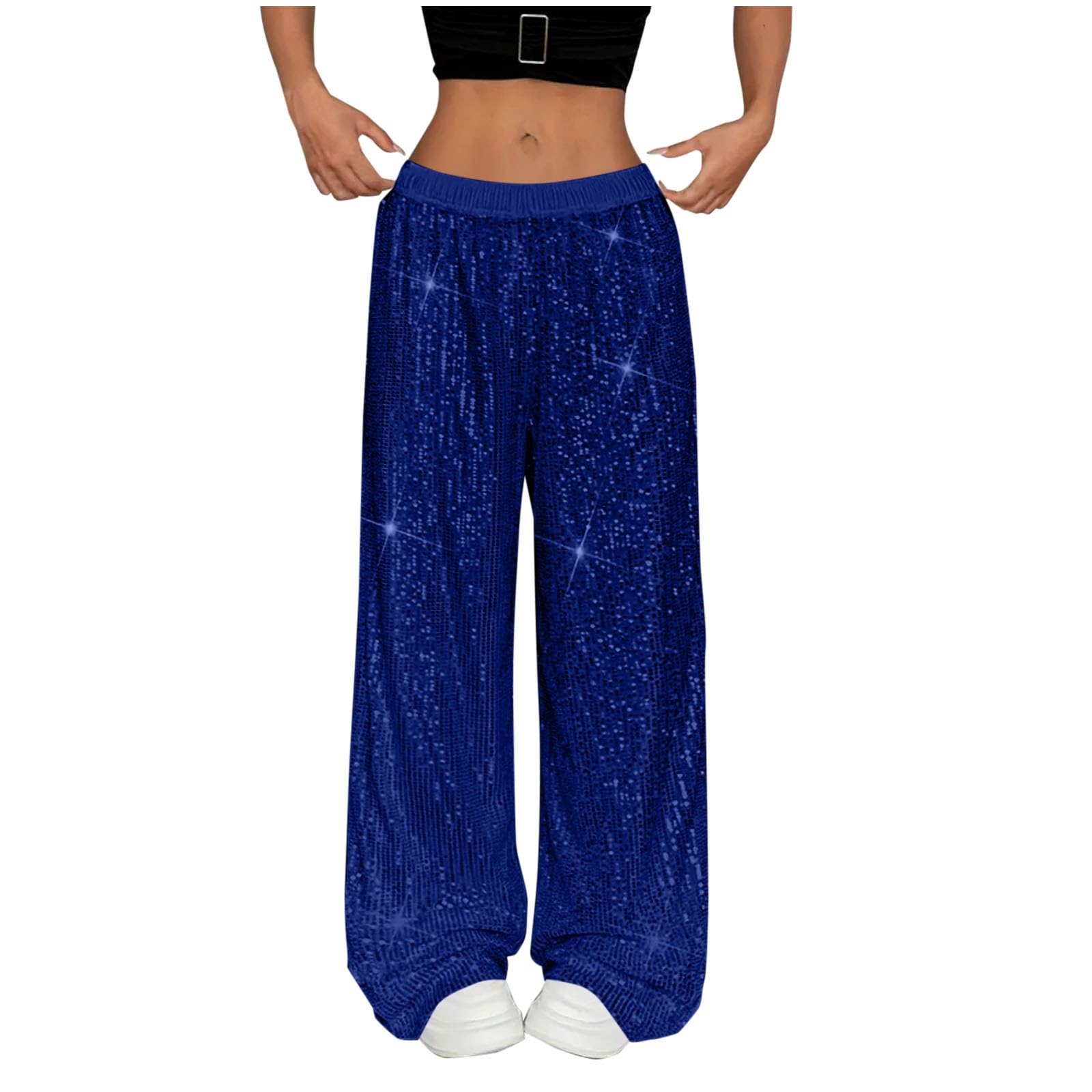 Cocila Womens Sparkly Sequin Pants Y2K Glitter High Waisted Wide Leg Long Pants Bling Party Clubwear 70s Disco Flare Trousers Party, Hip hop Casual Loose Dancewear Blue XXL