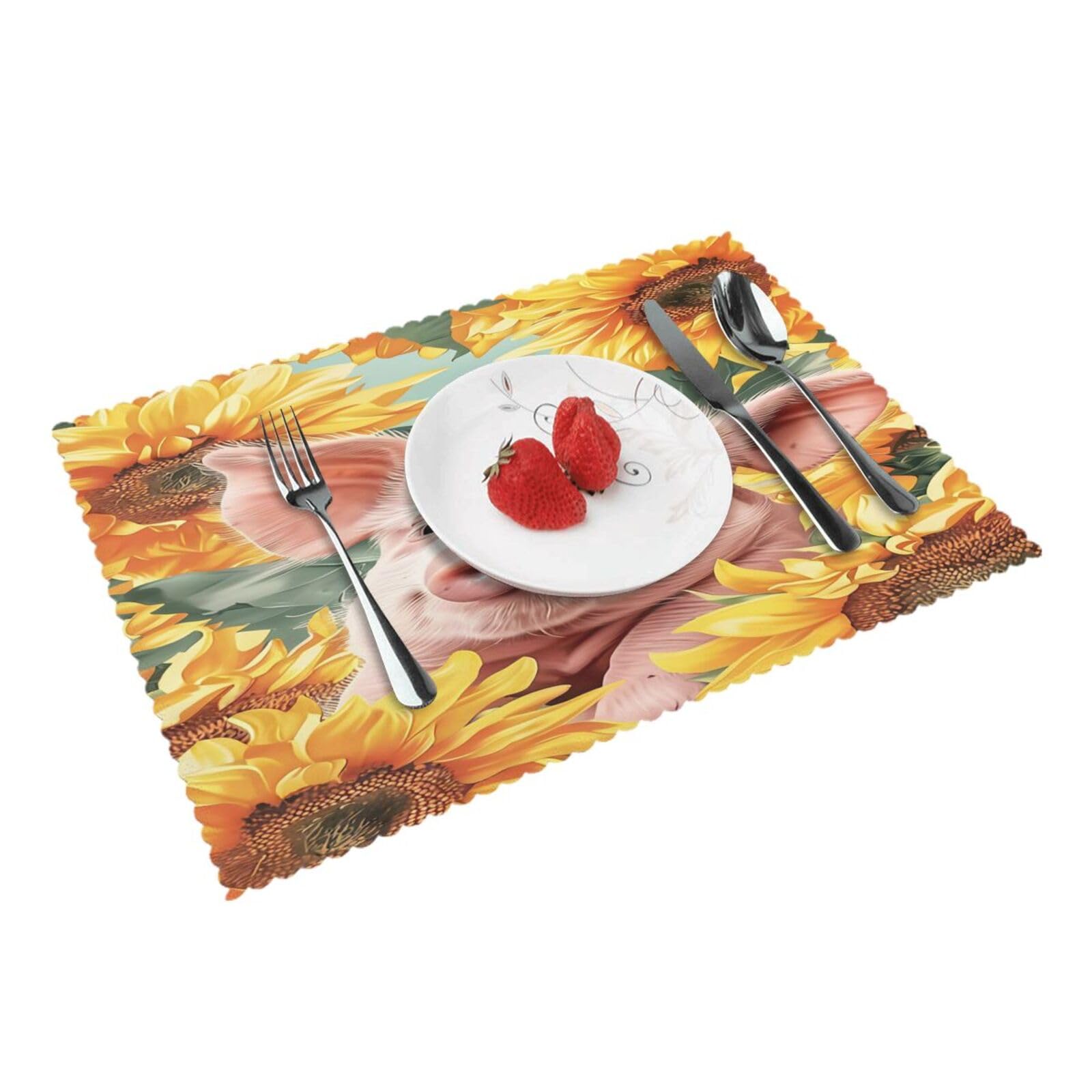 Sunflower Piglet (1) Placemats Set of 4 Print Table Mats Place Mats Table Decor for Kitchen Dining 12X18 in