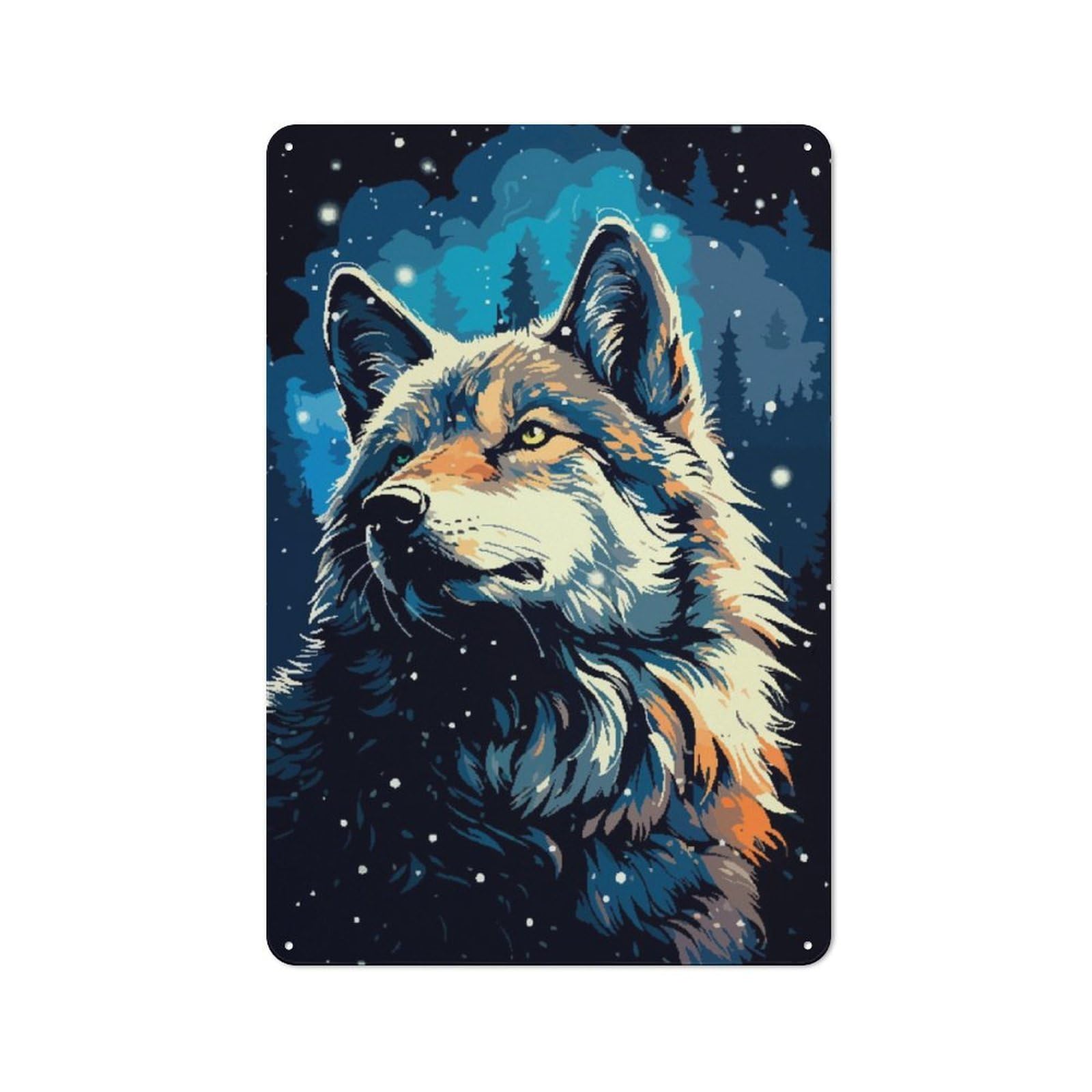 Junmoney Wolf Winter Snow Pixel Art Retro Metal Sign 30X20cm For Hobby Room Or Studio, Autumn Wall Decor For Creative Interior Collectors