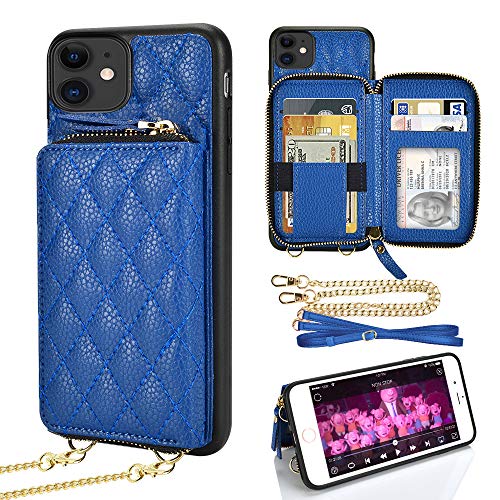 iPhone 11 Wallet Case, LAMEEKU iPhone 11 Crossbody Wallet Case Quilted Leather Card Holder for Lady with Wrist Strap Protective Bumper Compatible with iPhone 11, 6.1 Inch-Blue