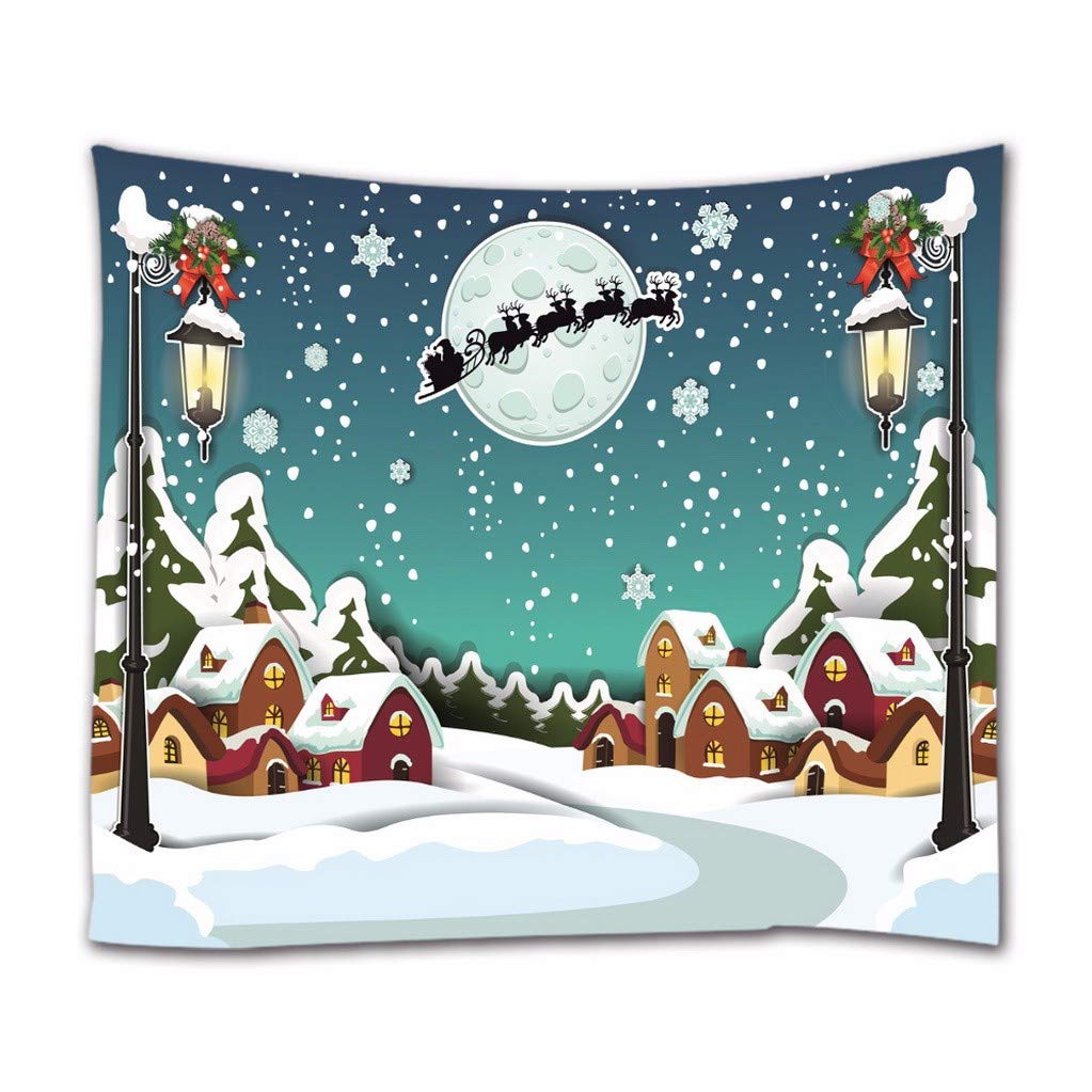 A.Monamour Country Rural Snowy Night Santa'S Sleigh Across Round Moon Christmas Holiday Decoration Fabric Wall Tapestry Wall Hangings Curtain For Bedroom Living Room Dorm