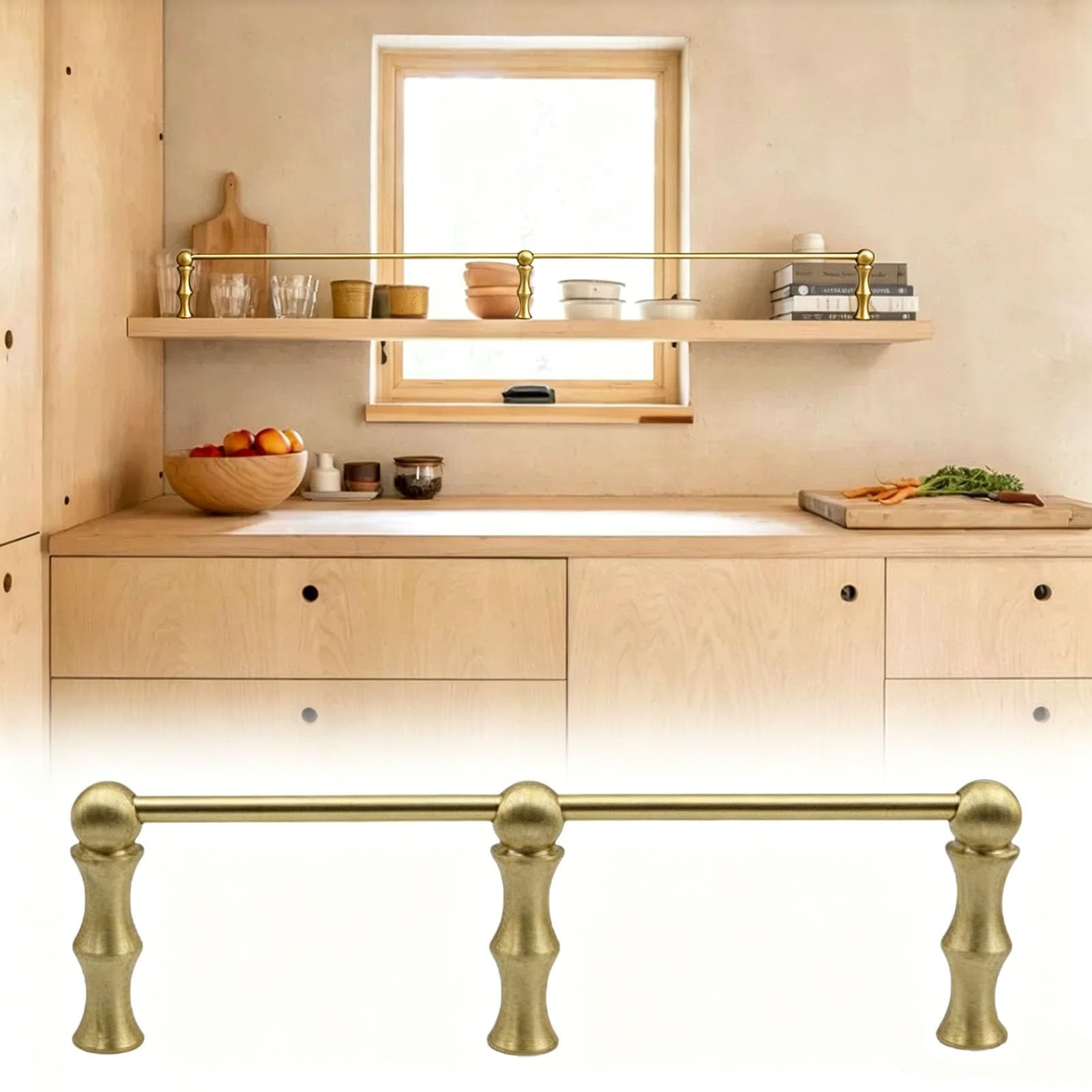 Dailify 18 24 30 36 48 60 72 inch Shelf Rail for Kitchen, Wood Hanging Shelves Guardrail Set Gold Tone, Dia 6 mm Gallery Tipping Guard Bar, Custom Size(46in/117cm)