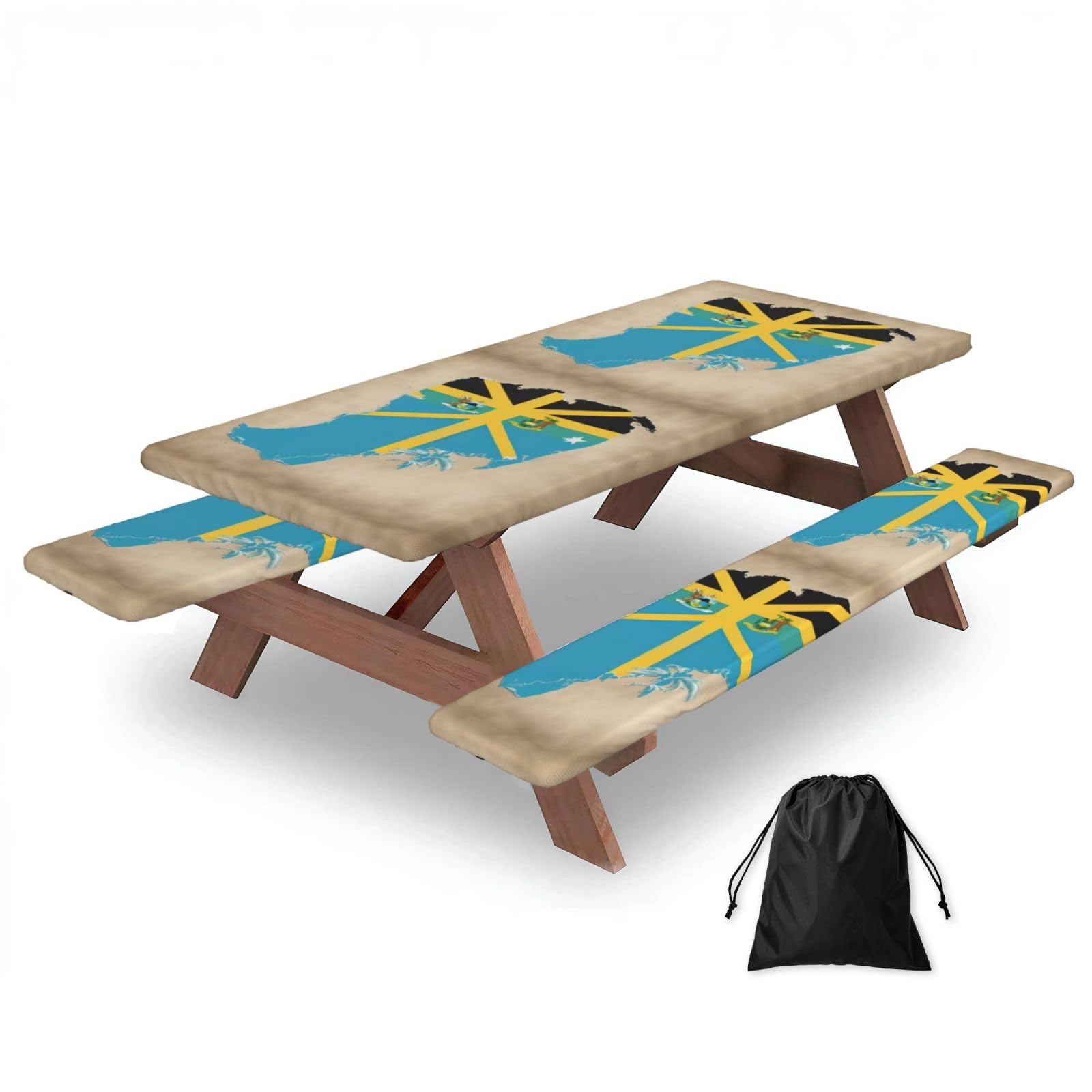 Duwaa Black Bahamas Flag Map01 Print 183Cm Picnic Table Cover With Bench Covers, Waterproof Elastic Tablecloth Set For Outdoor