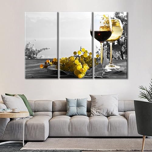 Miniatura 3 de TUMOVO Arte de pared para cocina, fotos de copas de vino tinto, pinturas de lienzo de uva amarilla, arte contemporáneo de 3 piezas, arte de pared de