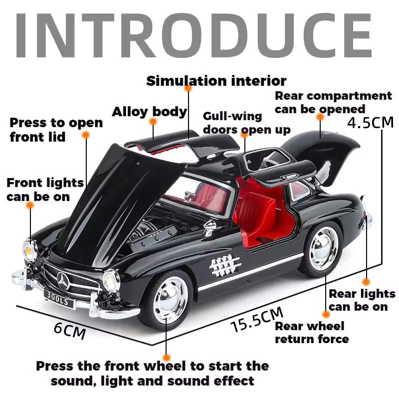 Image of 1:32 Scale Mercedes-300SL Toy Car - Classic Vintage Die-Cast Alloy Pull Back Vehicle with Lights & Music, Realistic Detailing Model for Kids, Boys & Collectors (Color As Per Stock)