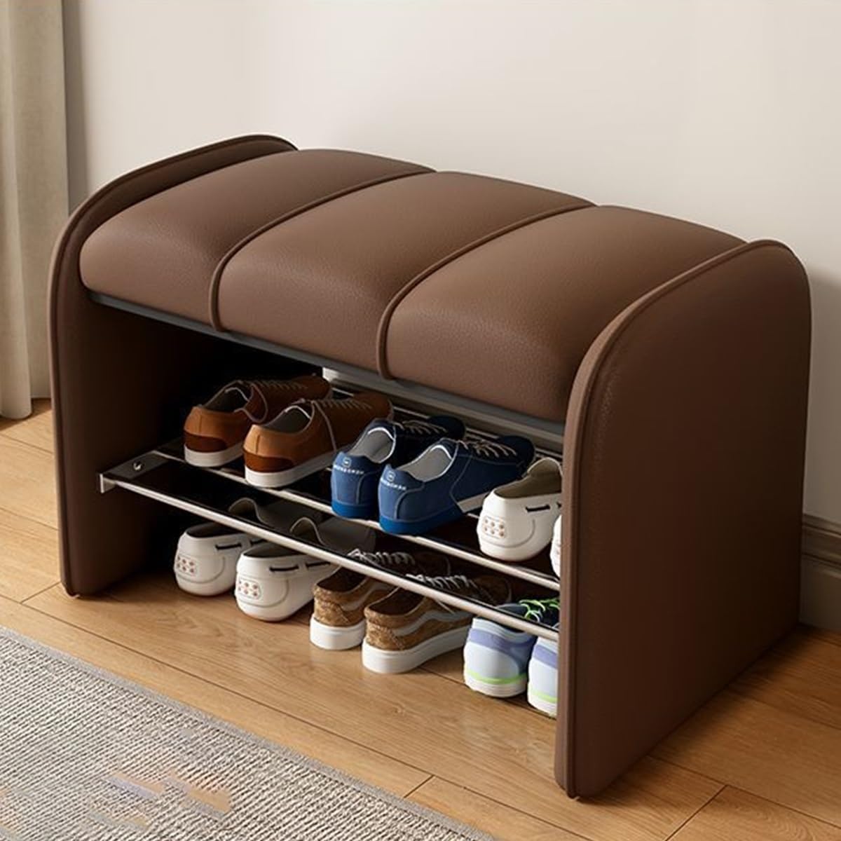 Banc à chaussures en métal marron foncé et cuir PU de 60 cm pour entrée