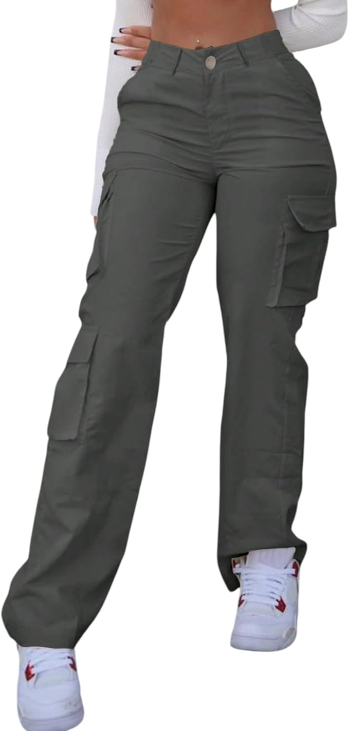 Women’s High Waisted Cargo Pants, Lightweight Straight Leg Trousers with Pockets, Casual Low-Stretch Pants for Women