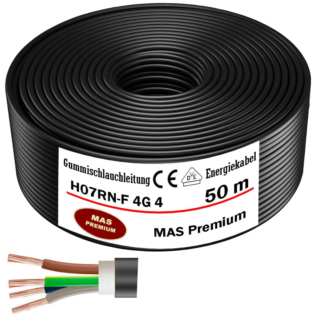 MAS Premium Cable de alimentación de goma de 5 a 50 m, H07RN-F 4G4 mm², cable flexible con conductor de protección para dispositivos pesados (50 m)