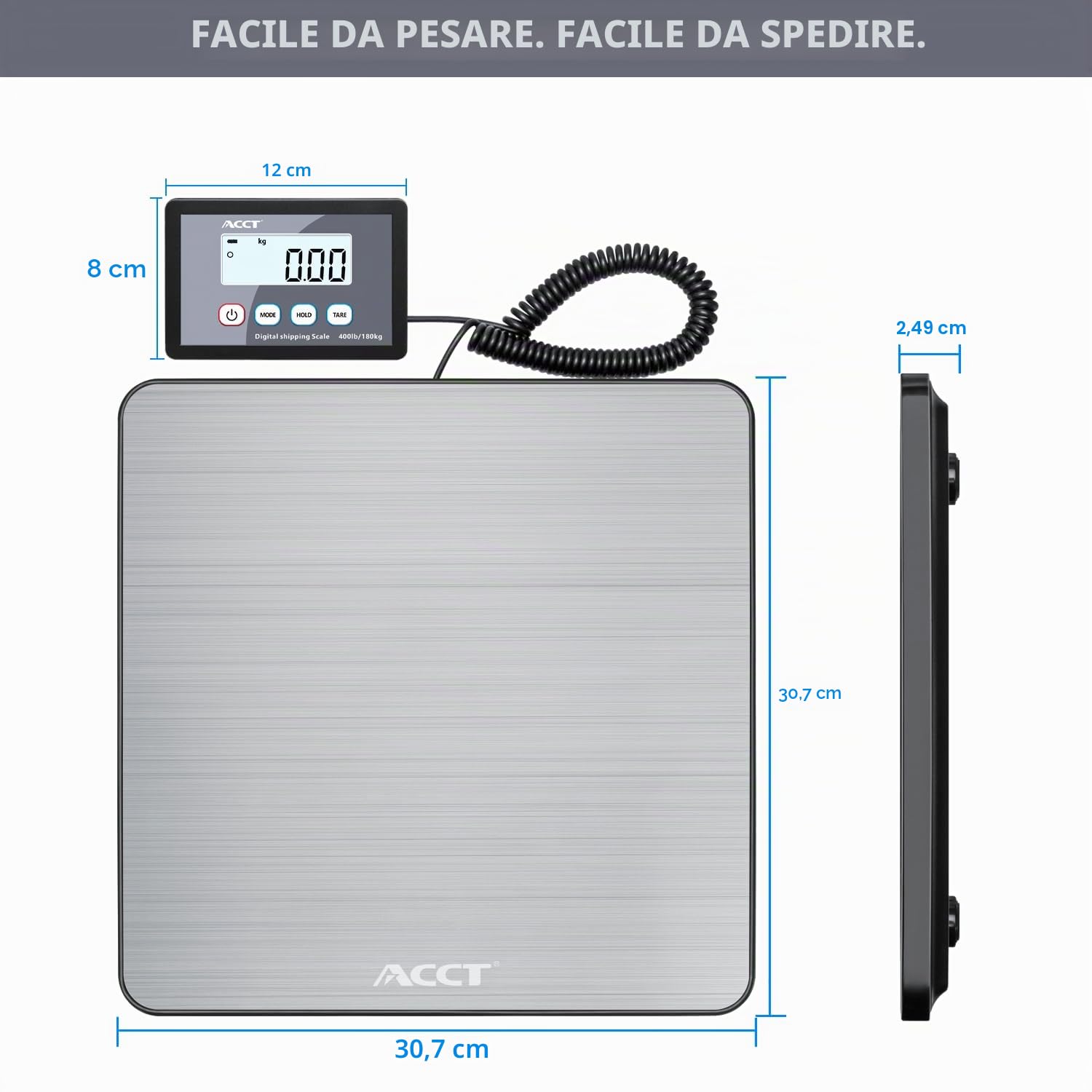 Bilance pesapacchi ACCT, 400 lb/180 kg, pesalettere con funzione di blocco/tara, bilancia postale per pacchi/animali domestici/bagagli/ufficio, bilancia professionale, batterie e cavo USB inclusi