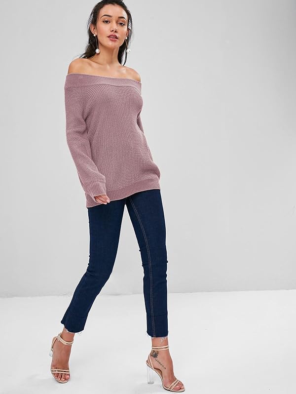 ZAFUL Sweaters for Women Off Shoulder Knit Sweater with Long Sleeve Loose Pullover Jumper Tops Purple XL by ZAFUL - Used condition - Image 6