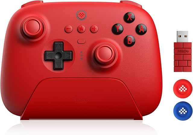 8Bitdo Ultimate Bluetooth i Kontroler 2.4g Ze Stacją ładującą Godziny Gry 22, Bezprzewodowy Kontroler Przełączników Kontroler Gier Kabel USB Gamepad do Przełącznika i Systemu Windows (Czerwony)