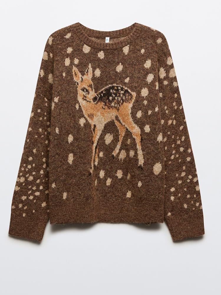 Maglione girocollo con motivo cervo da donna, maglione a maniche lunghe in maglia morbida, casual, vestibilità larga, per autunno inverno uso quotidiano