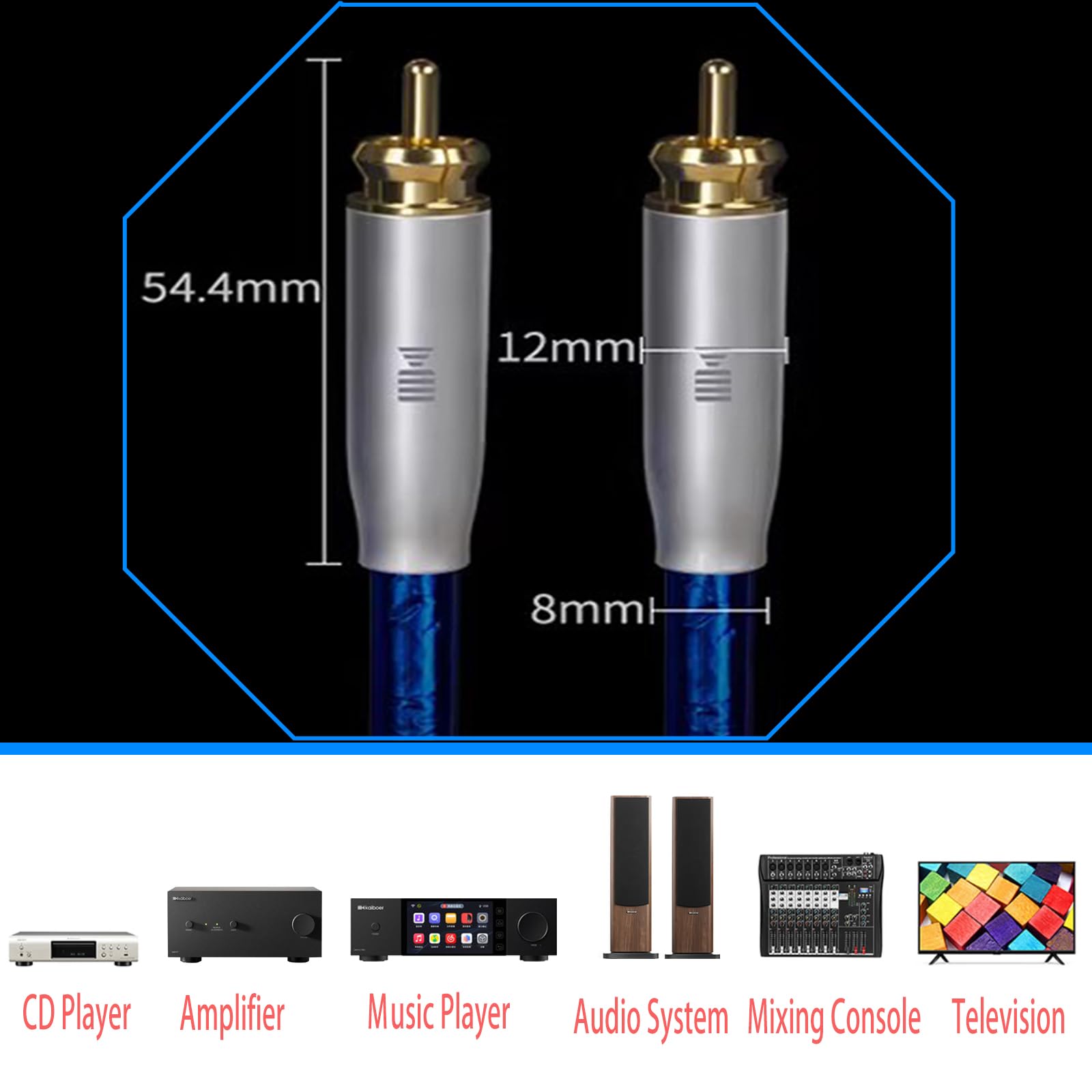 Cables de audio blindados chapados en plata para dispositivos RCA, cable de audio de señal dual macho a macho compatible con interfaz RCA, como amplificador, subwoofer, azul zafiro, 9.8 pies/3