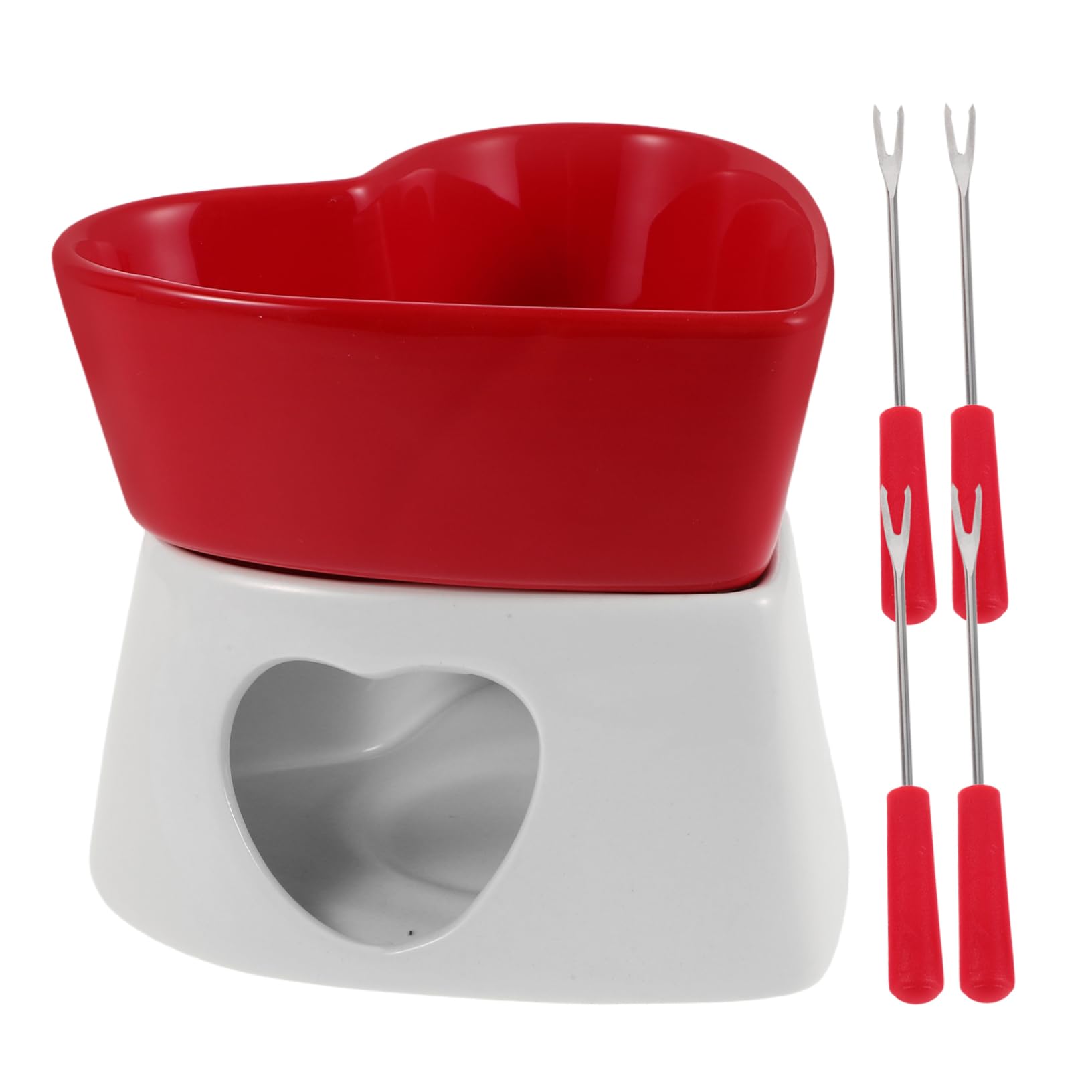 PRETYZOOM 1Set Mini Ceramic Chocolate Melting Pot Heart Shaped Fondue Warmer with Forks for Cheese Chocolate and Caramel for Parties Intimate Gatherings and Festive