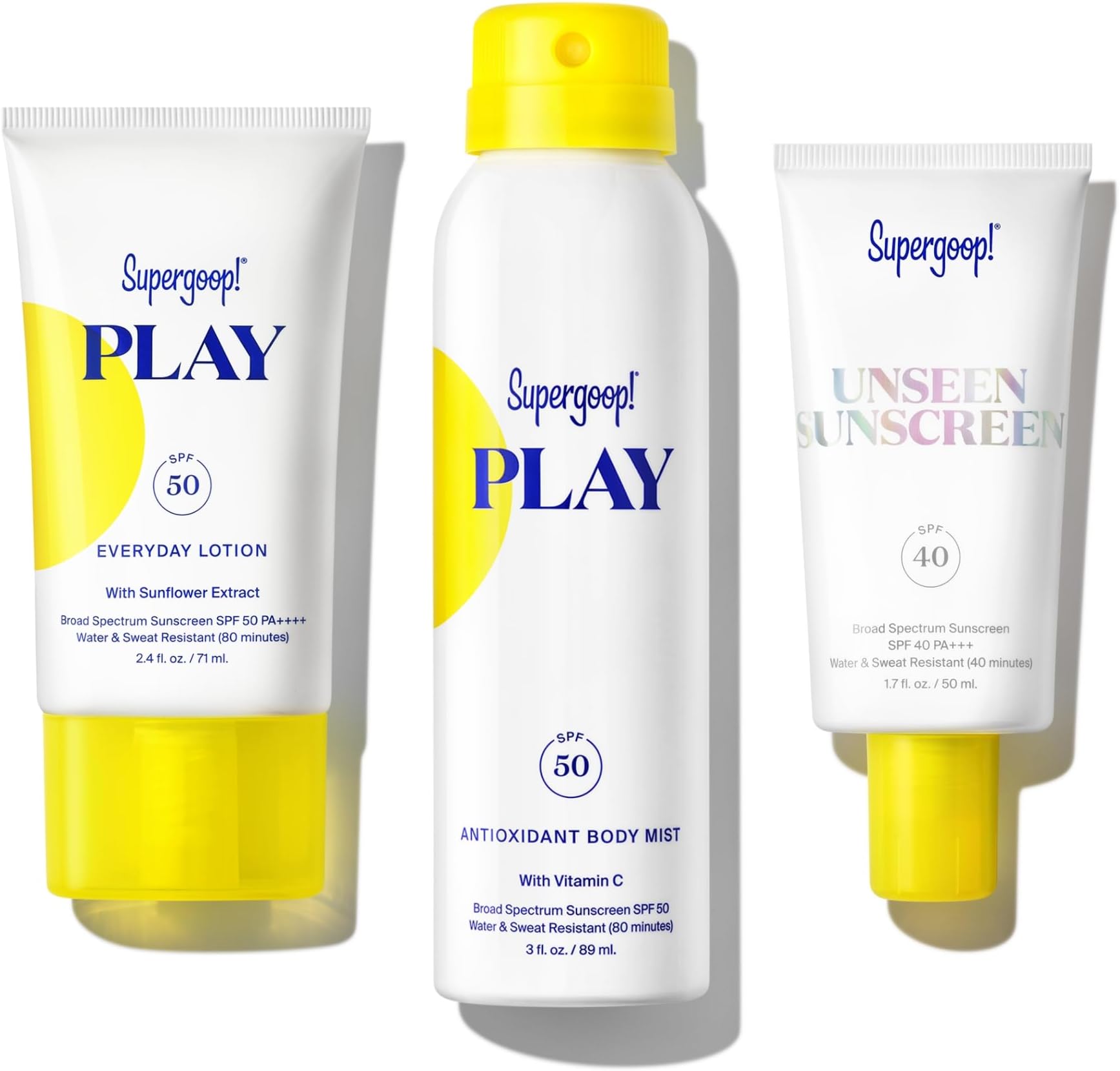 Travel Kit - Includes PLAY Everyday Lotion (2.4 oz) + Unseen Sunscreen (1.7 oz) + PLAY Antioxidant Body Mist (3 oz) - Broad Spectrum Sunscreen Recommended for Sensitive Skin