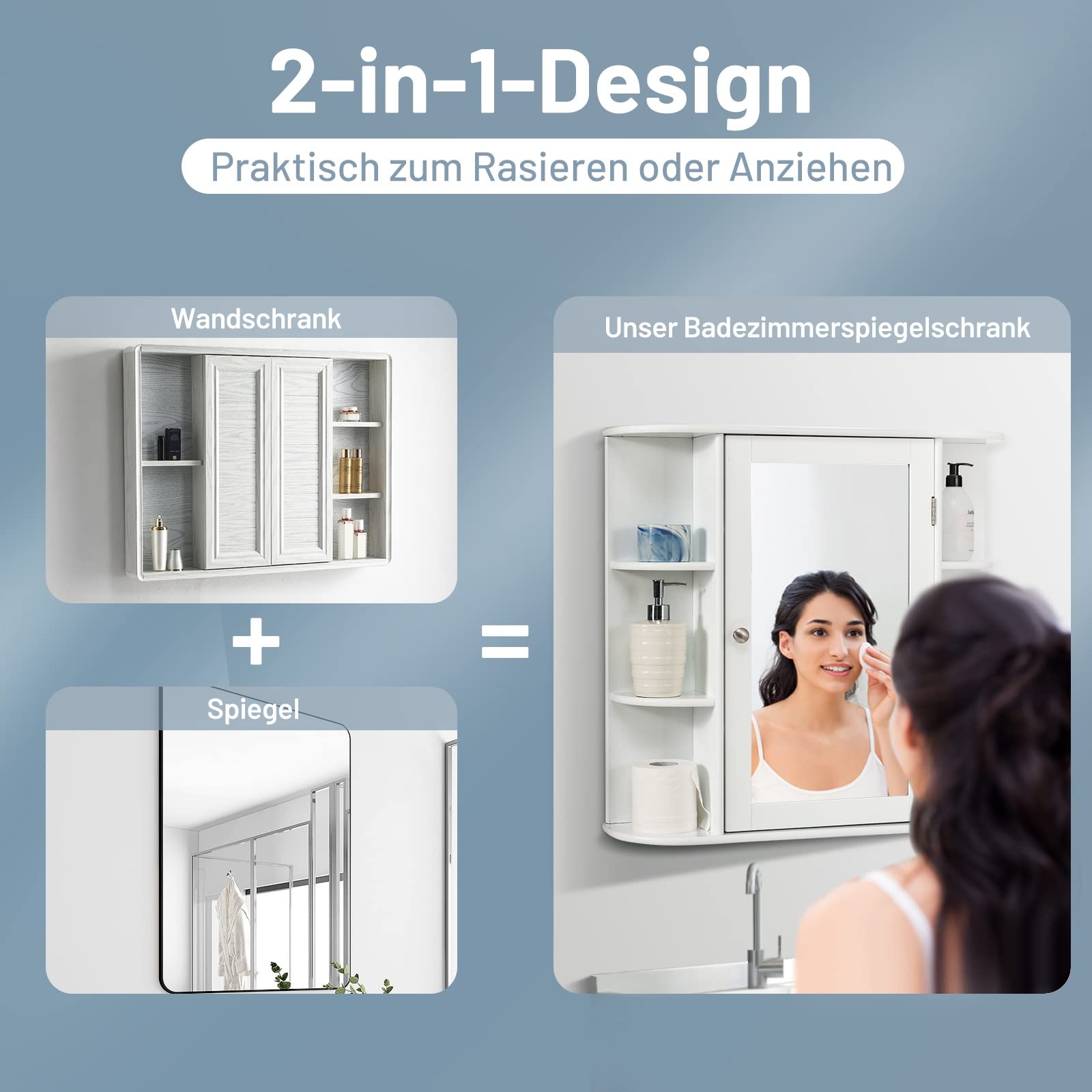 COSTWAY Wisząca Szafka Łazienkowa z Lustrem, 4 Zamykane Półki i 6 Otwartych, Drewniana, 66 x 17 x 63 cm, Biała – Duża Przestrzeń i Nowoczesny Design