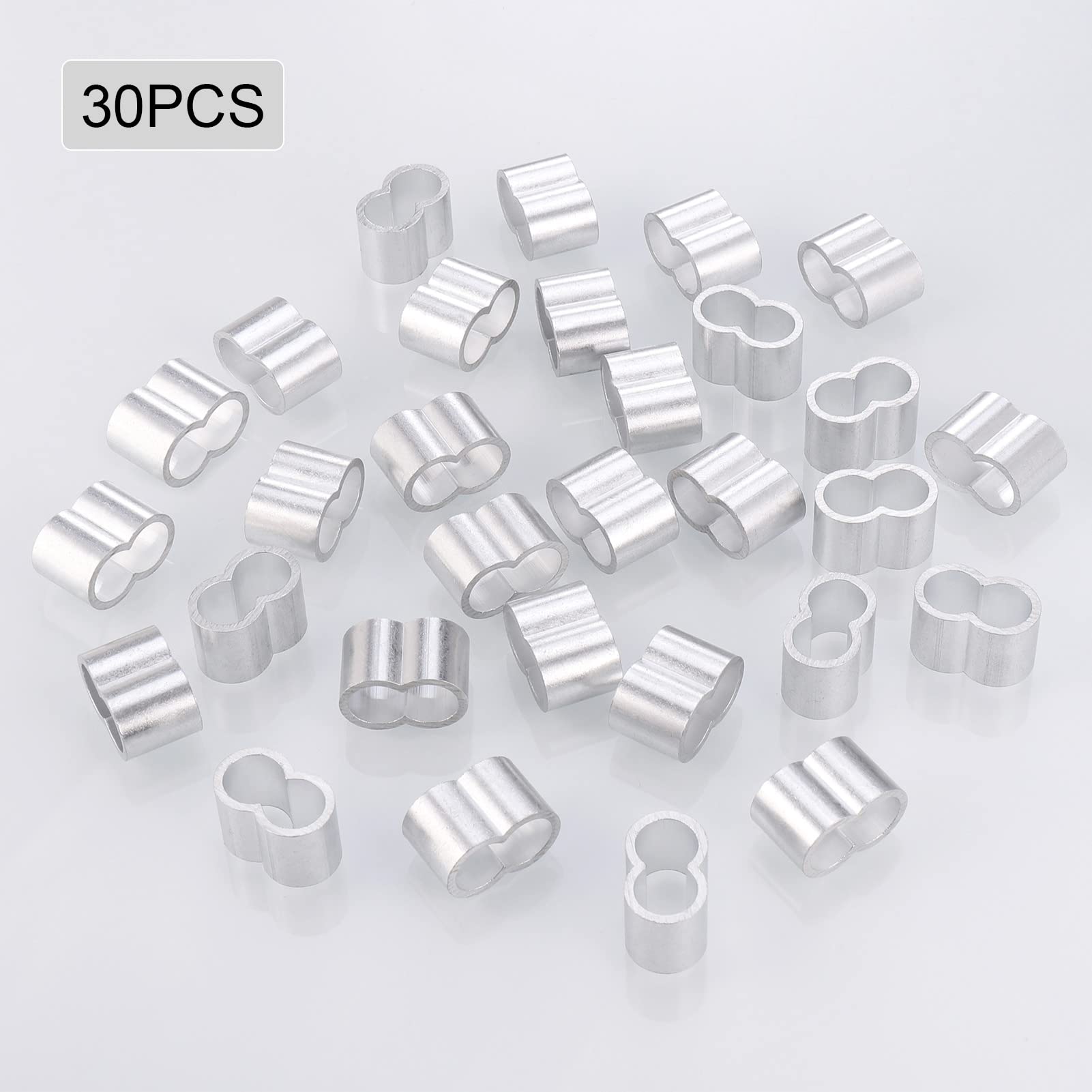 30 sztuk aluminiowych pętli zaciskowych, zaciski kostne, podwójne tuleje do zacisków linowych i tulejek zaciskowych 8,5 mm, zaciski zaciskowe do linki gumowej, linki plandekowej, nierdzewne i wytrzymałe zaciski linowe tuleje zaciskowe