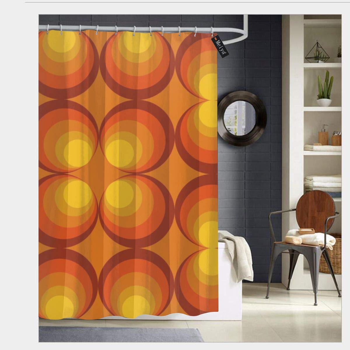 Sotyi-Ltd Onecolor 70S Circle Design Orange Background Shower Curtains With 12 Hooks,Durable Mildew Resistant Waterproof Fabric Washable Bathroom Curtain 72" X 72"