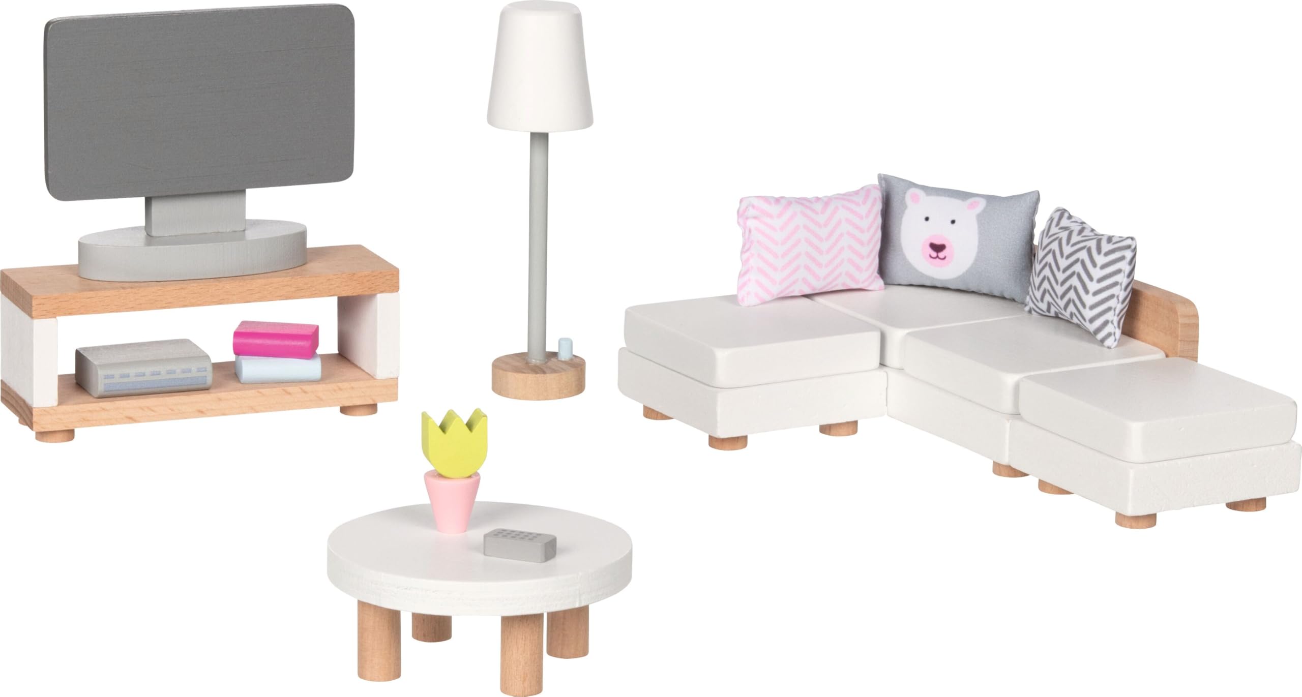 goki 6647 - Puppenhaus Set Lifestyle XL, 72 Teile aus Holz & Textil, Möbelset mit Zubehör, Biegepuppenfamilie, Küche, Badezimmer, Schlafzimmer, Wohnzimmer, 65 x 35 x 88cm, ab 3 Jahre