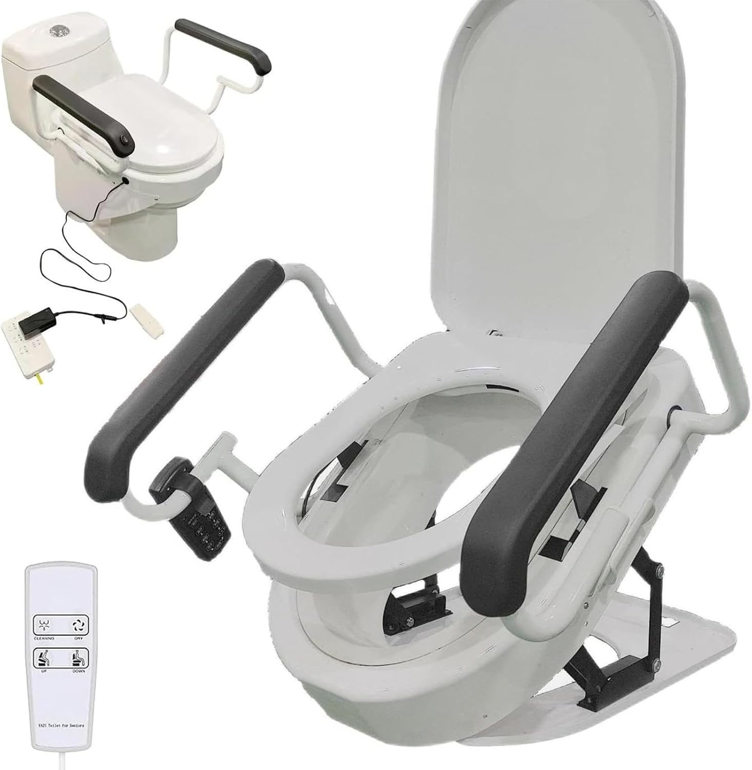 Elevador eléctrico para asiento de inodoro, asiento ajustable con asa, asiento elevado inclinable con función de secado y capacidad de peso 330 lbs miniatura 1