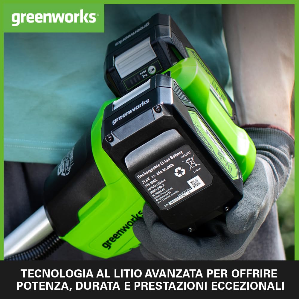 Greenworks Batterie 24V e Caricabatterie Doppio Slot - Due Batterie Ricaricabili 4Ah per Tutti gli Elettroutensili Greenworks 24V, Uscita 48W Tensione 4A, Carica Singola in 60 Minuti - G24B4 & G24X2C