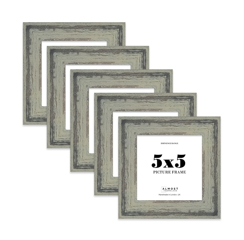 5x5 Distressed Green Picture Frame - Rustic Wood Industrial Effect Photo Frame for Wall Display, Ideal for Posters, Prints & Home Décor, Wall Hooks and Kickstand, 32mm Edge - 5 Pack
