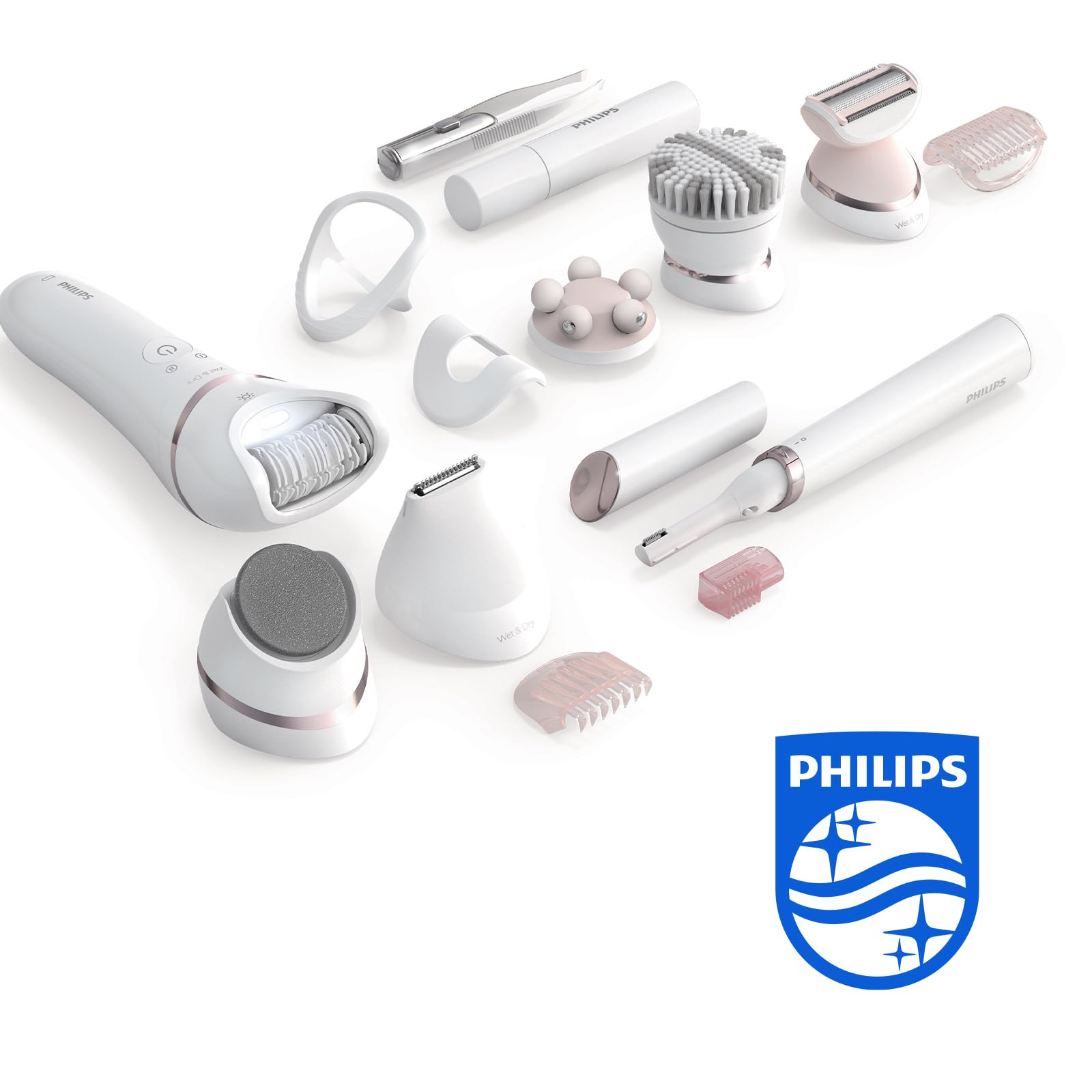 Philips Beauty Set Series 9000, All-in-One Epilierer für Körper, Gesicht und Füße, kabelloses Nass- und Trockengerät zur Haarentfernung und Hautpflege, mit 12 Zubehörteilen, Modell BRE740/90