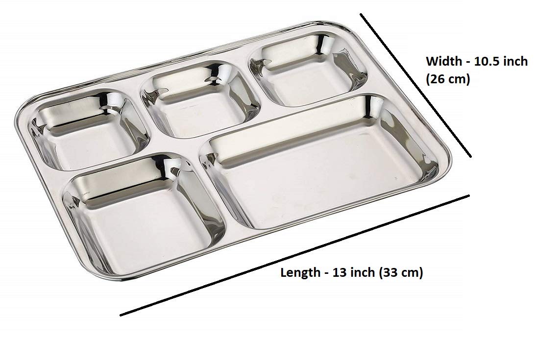 Khandekar Stainless Steel Rectangular Dinner Plate with 5 Compartment, Cafeteria Mess Tray, Food Divided Plate, ss mess tray Lunch Plate for Plates for Dinner Fruitss, Outdoor Camping Dish - Silver - Image 4
