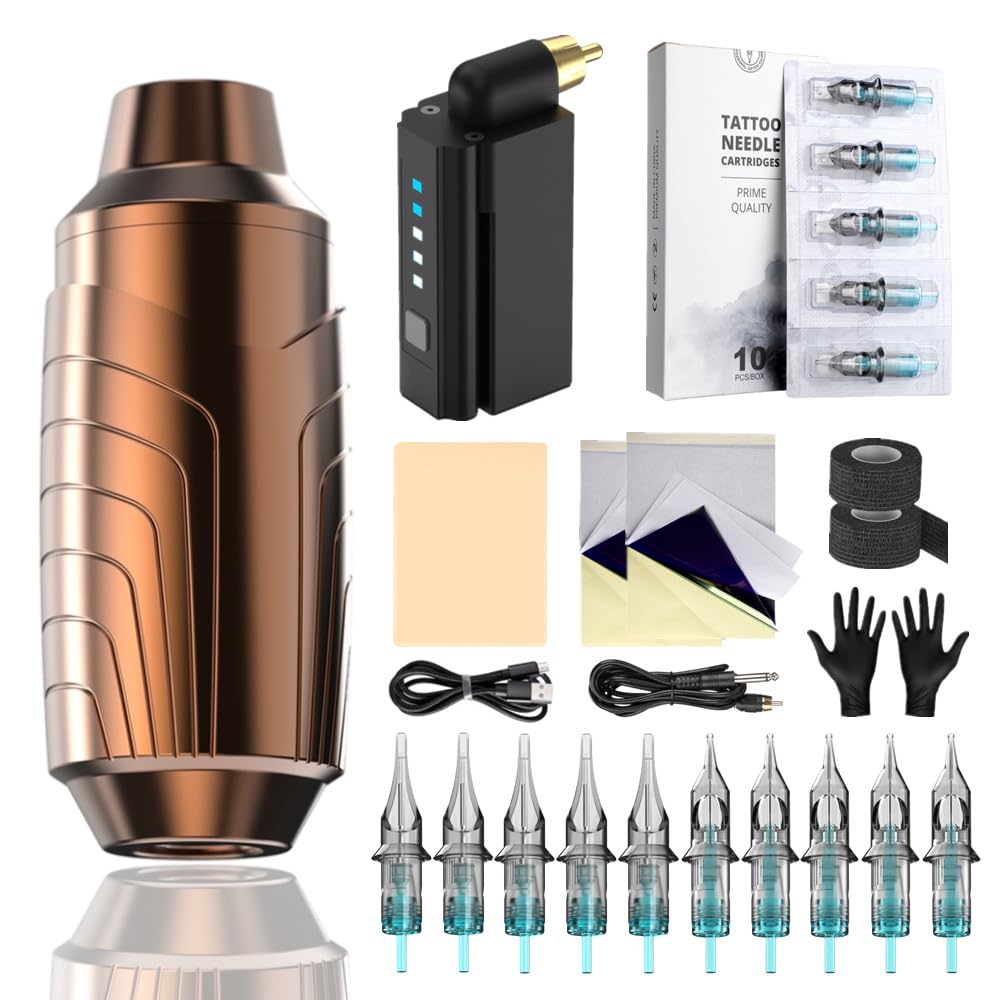 Kit penna per tatuaggi wireless - Macchina rotativa per tatuaggi con alimentatore da 1500 mAh, corsa da 3,5 mm, 5 livelli di tensione, indicatori LED