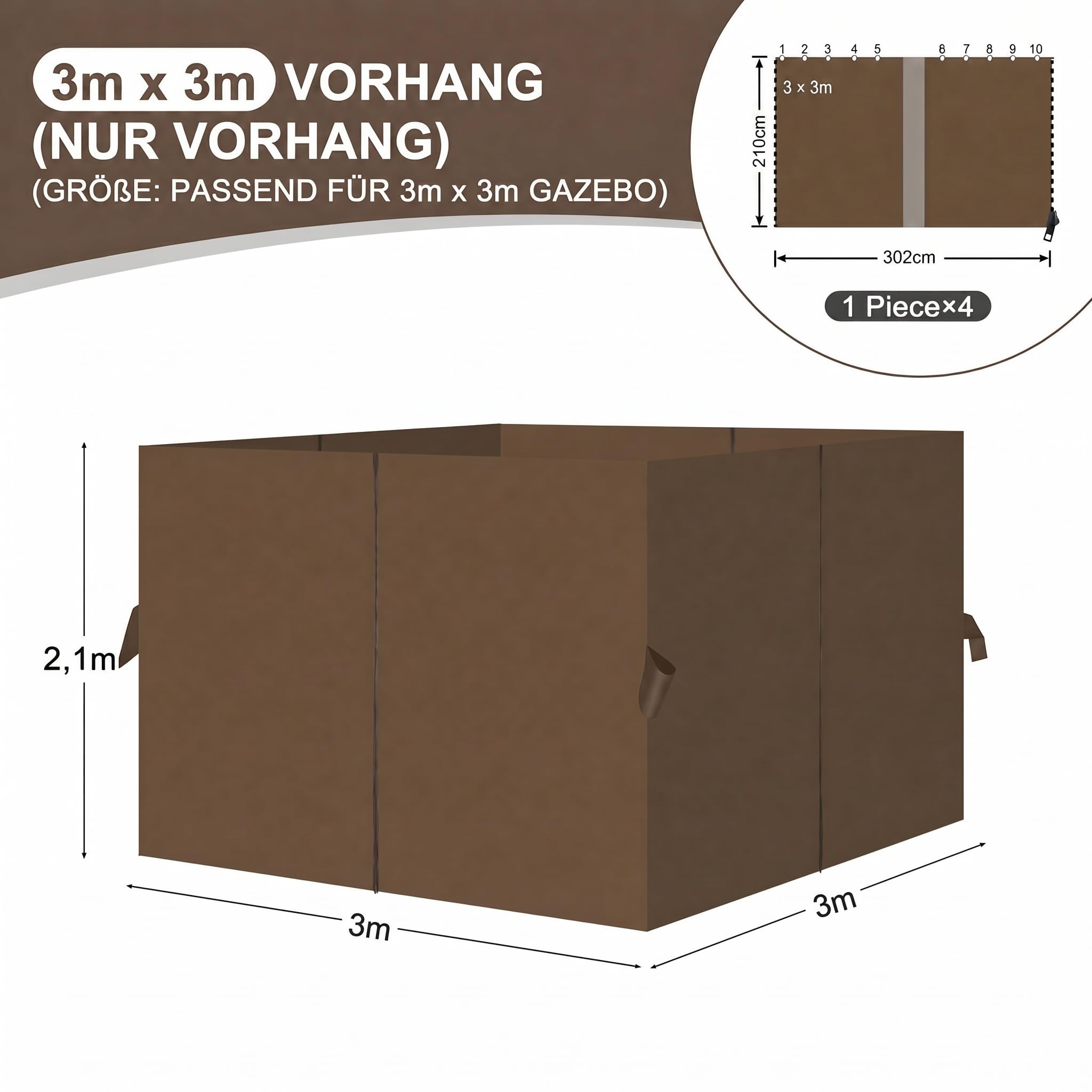 Aoodor Garden Outdoor Vorhang, 4 Stück Pavillon Seitenteile, Wasserdichte Sichtschutz Gardinen mit Reißverschluss für Terrassen-Pergolen und Markisen (nur Vorhänge)