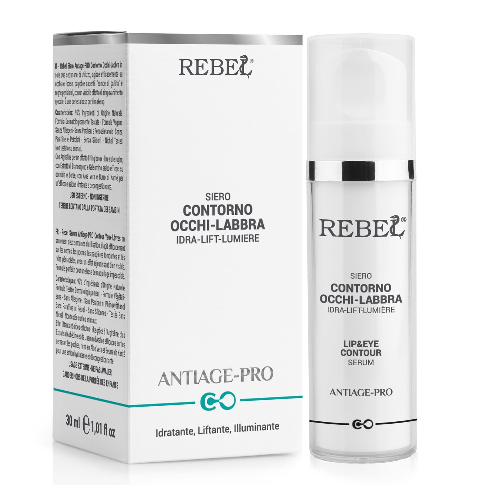 Rebel EYE and LIP | Siero Contorno Occhi e Labbra Antietà | Illuminante, Idratante, Liftante | Specifico per Borse e Occhiaie | Con Argirelina ad Effetto BotoLike | 99% origine naturale | 30 ml Airles