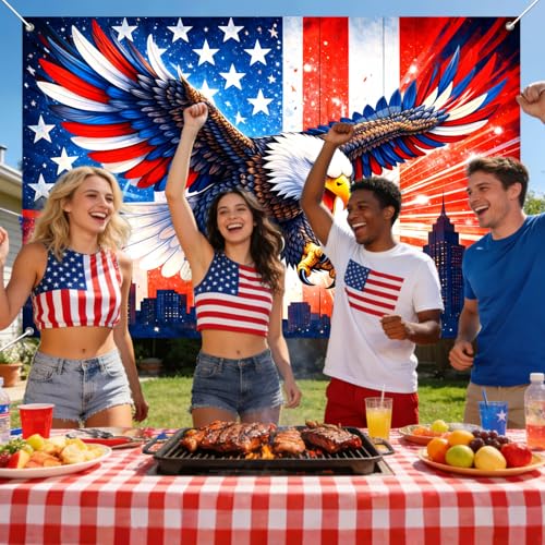 Image of IVN Patriotic Eagle Backdrop Banner 71 x 43 Inch USA Flag Stars Stripes Eagle City Skyline Background Photo Booth Backdrop 4th of July Independence Day Memorial Day Veterans Day Indoor Outdoor Decor