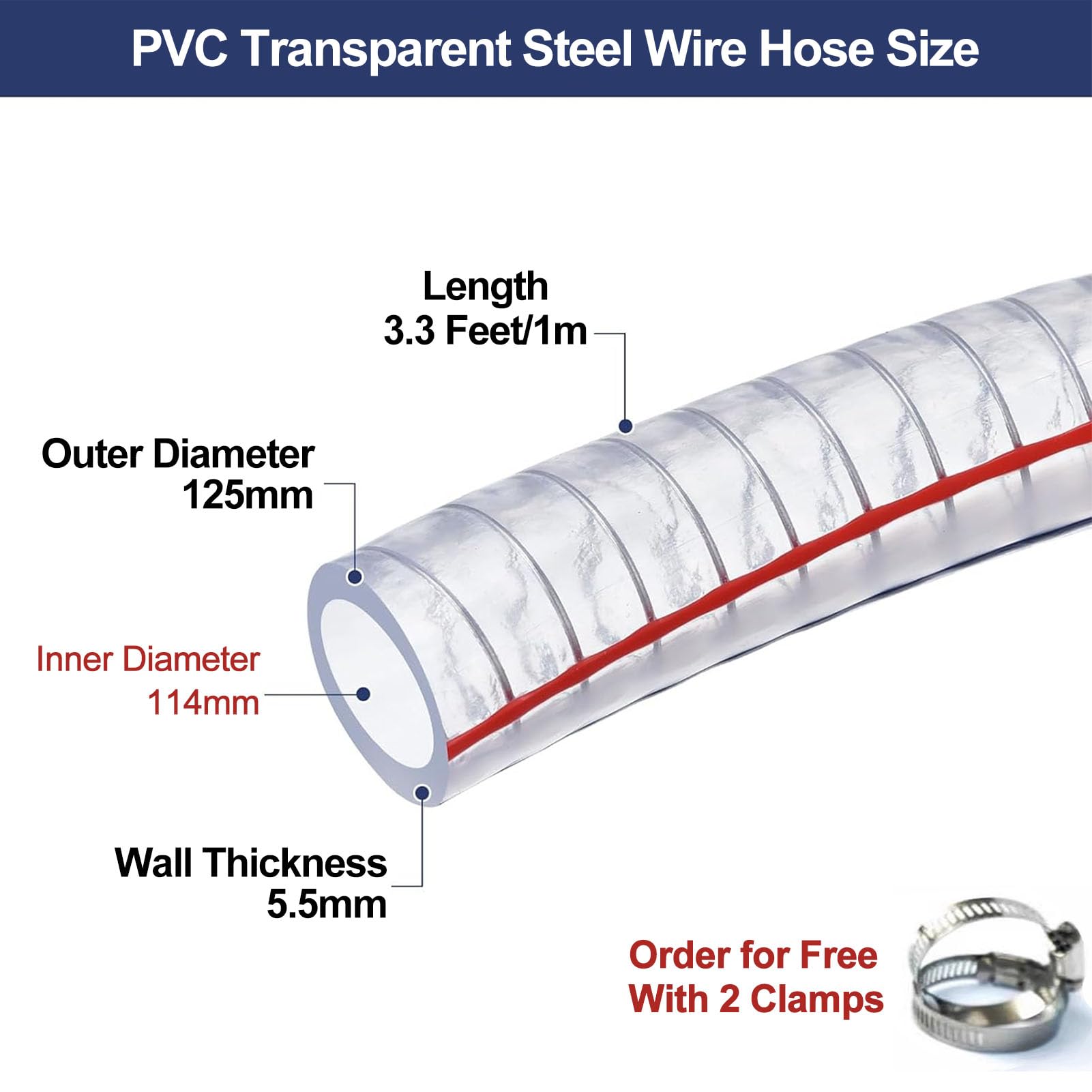 Transparenter PVC-Stahldrahtschlauch | ID 80–114 mm, 3,3 Fuß Pumpenschlauch: 5,5 mm transparenter PVC-Stahldrahtschlauch mit 2 Klemmen