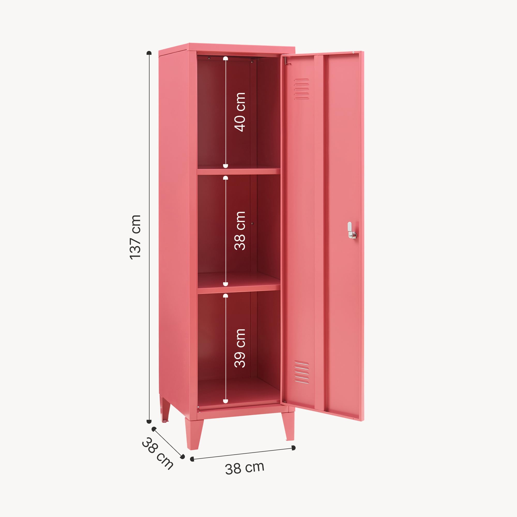[en.casa] Casillero Metálico Kurikka con 2 Llaves Guardarropa Armario de Taquilla con 3 Compartimientos Cerradura Magnética y Patas 137 x 38 x 38 cm Acero - Rojo sandía