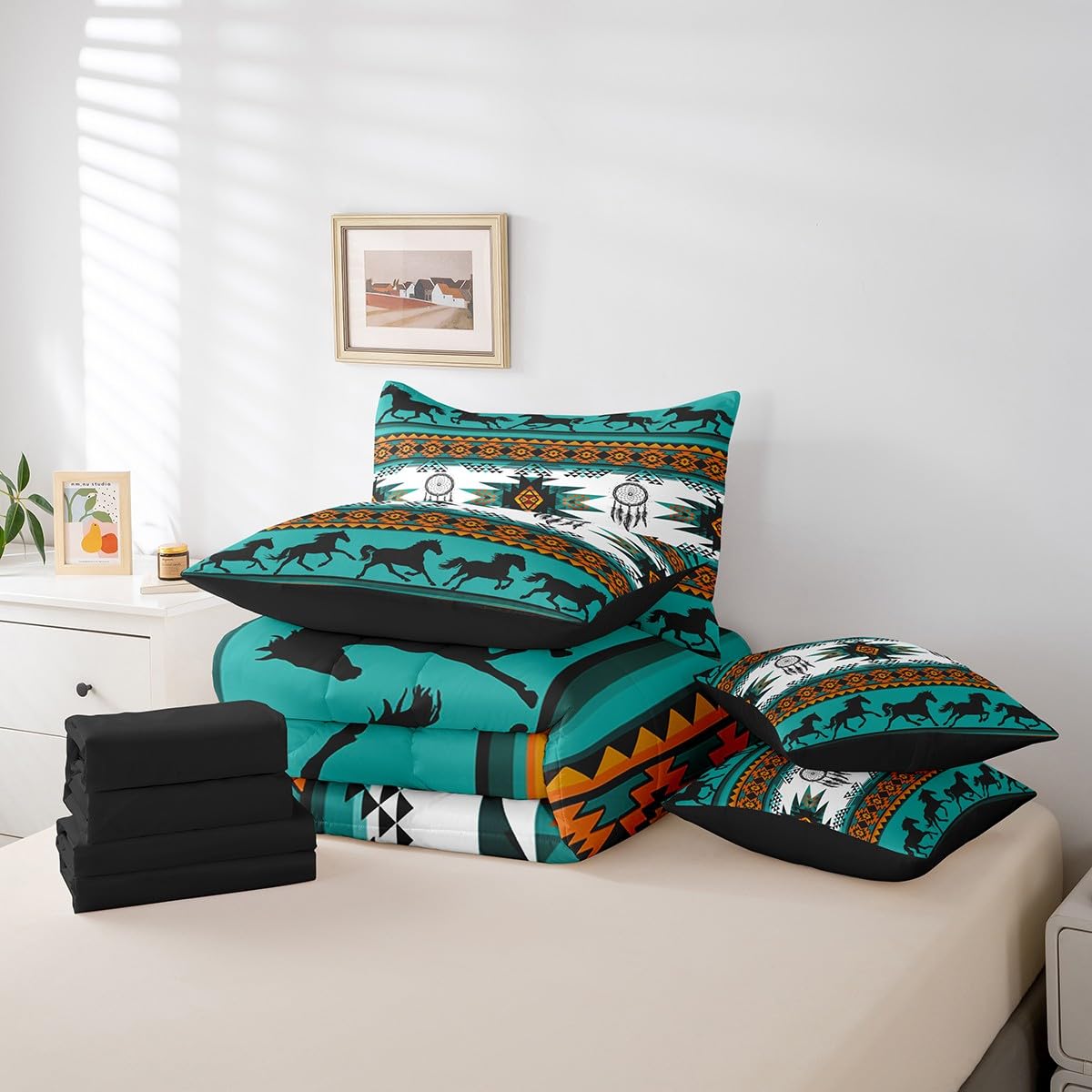 Feelyou Juego de edredón bohemio con sábanas, tamaño matrimonial, ropa de cama azteca nativa del suroeste en una bolsa, juego de ropa de cama de 7 piezas, juego de cama de caballos, decoración de
