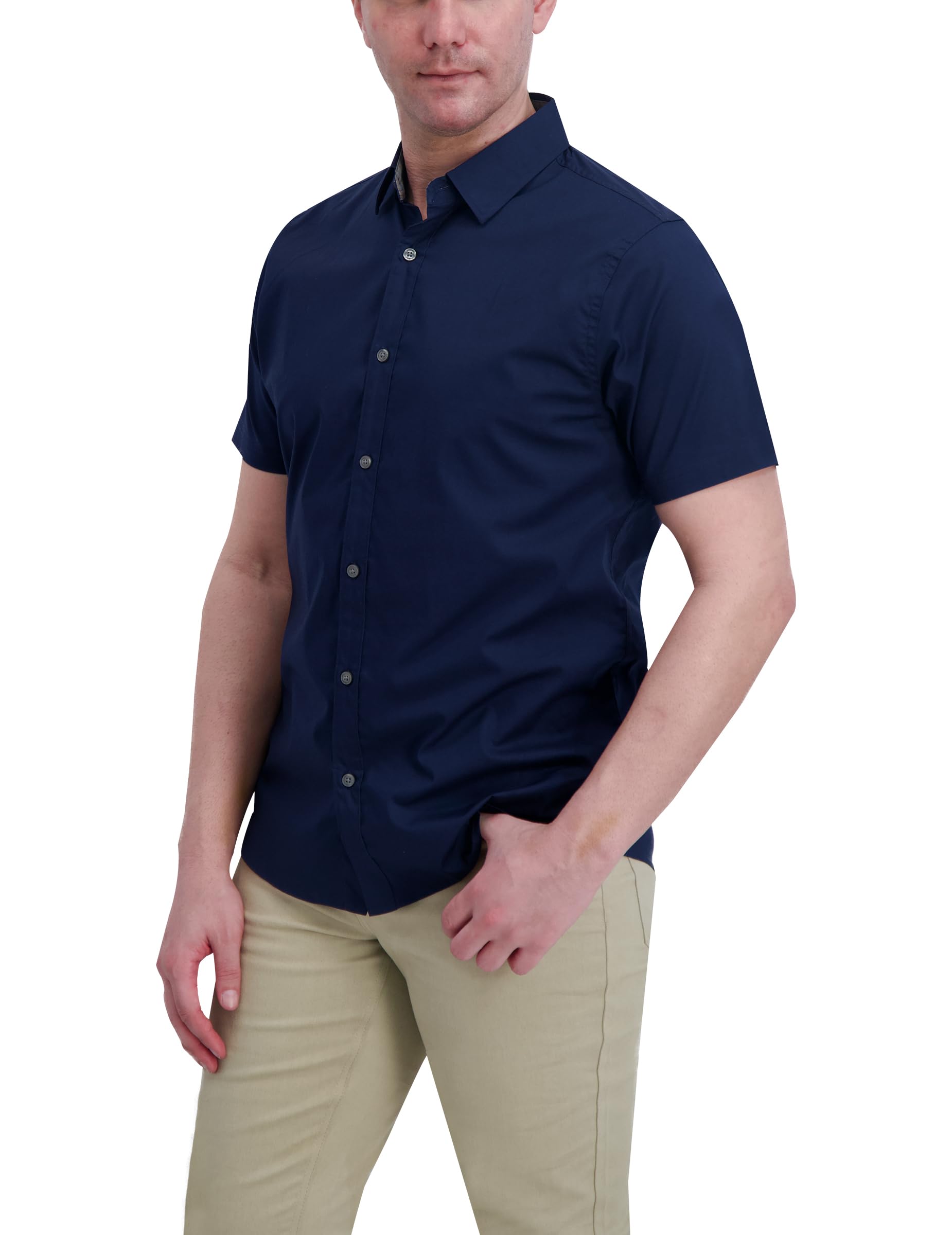 DKNY Short Sleeve Mens Button Down Shirt - Modern Fit, Breathable Stretch Cotton | Solid Woven Button Up Shirts for Men, Dark Denim, Medium