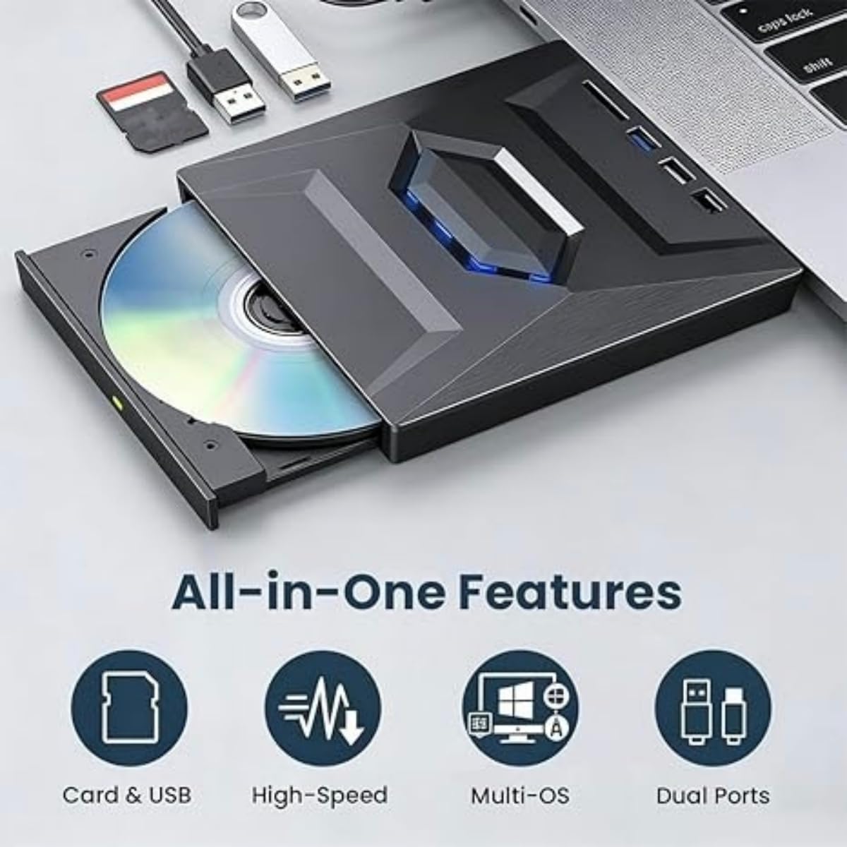 7-in-1 Externes USB-DVD-Laufwerk & Blu-ray-Player, USB C 3.0 Typ-C Tragbarer BD/DVD/CD-Brenner, Lesegerät mit 3 USB-Ports, Hub & SD/TF-Kartenleser, 6 x Blu-ray-Laufwerk für Desktop-Laptop