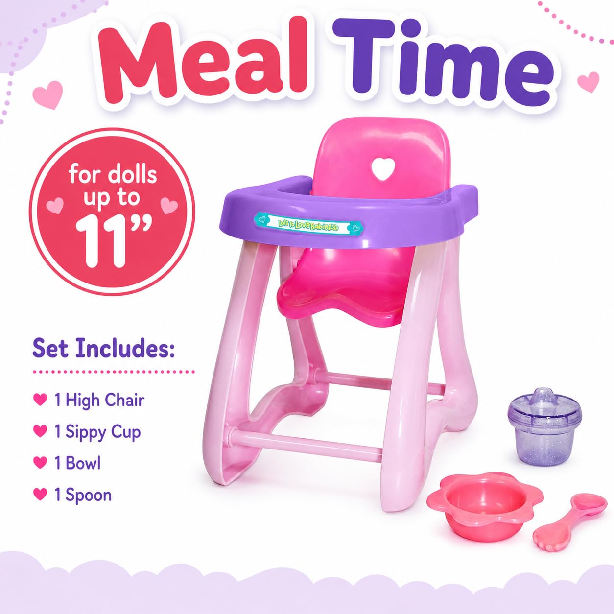 JC Toys- Set de 3 Piezas para muñecas, bañera, Silla Alta de Comer, Cuna Mecedora y 9 Accesorios, muñecas hasta 28 cm, Ideal para Jugar, Rosa, diseñado por Berenguer, +2 años