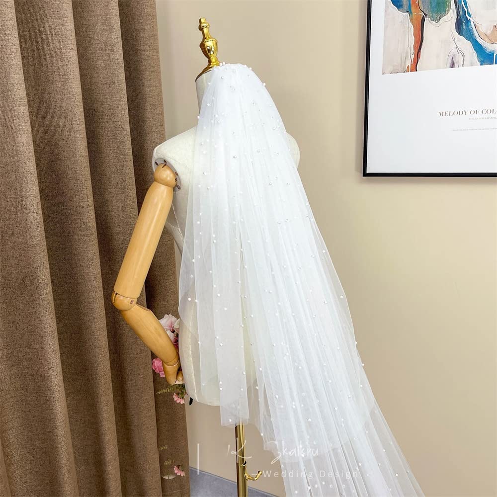Ślub Welon slubny z grzebieniem sztuczna perla dwuwarstwowy dlugi welon slubny o dlugosci katedralnej welon slubny dla narzeczonych (Color : Ivory, Size : 250cm)