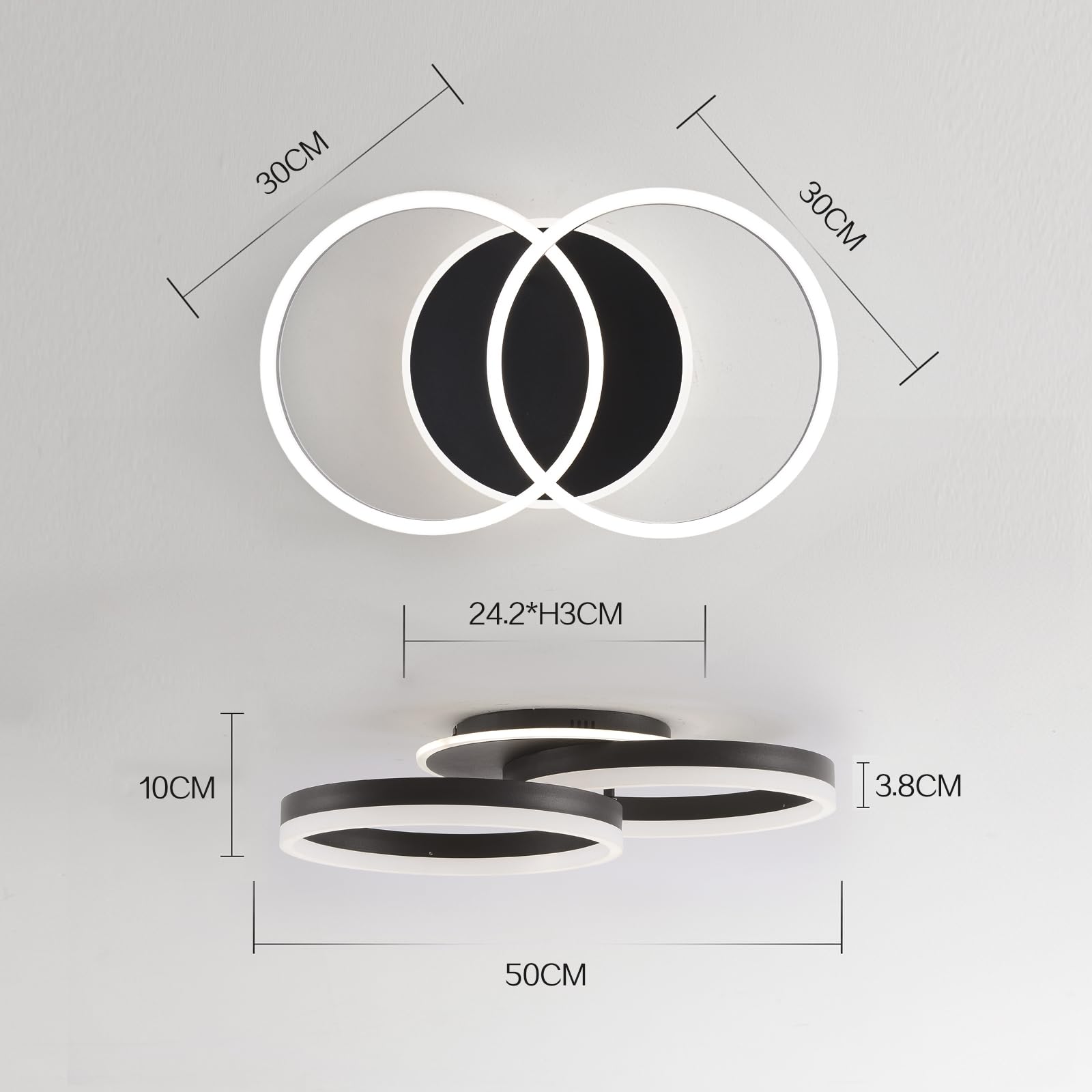 Smart Plafoniera LED Alexa, φ50 cm Design 2 Ring, Lampada da Soffitto 36W, Dimmerabile con Telecomando, Metallo+Acrilico, per Cucina, Camera da letto, Sala da Pranzo Nero