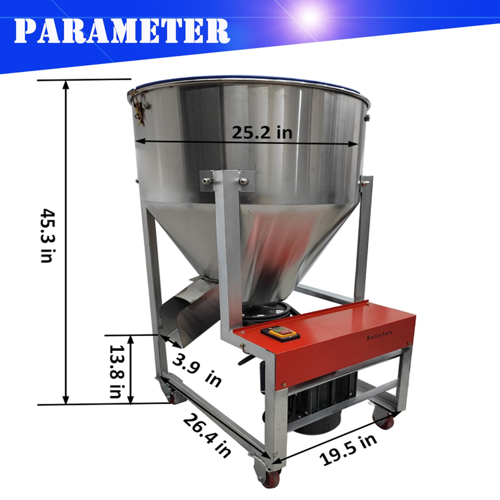 BEILOCKERY 110V 3KW Powder Mixer Blender Mixing Machine Stainless Steel Plastic Mixer Mixing Capacity 165 lbs Vertical Feed Mixing Machine for Dry Grain Granule