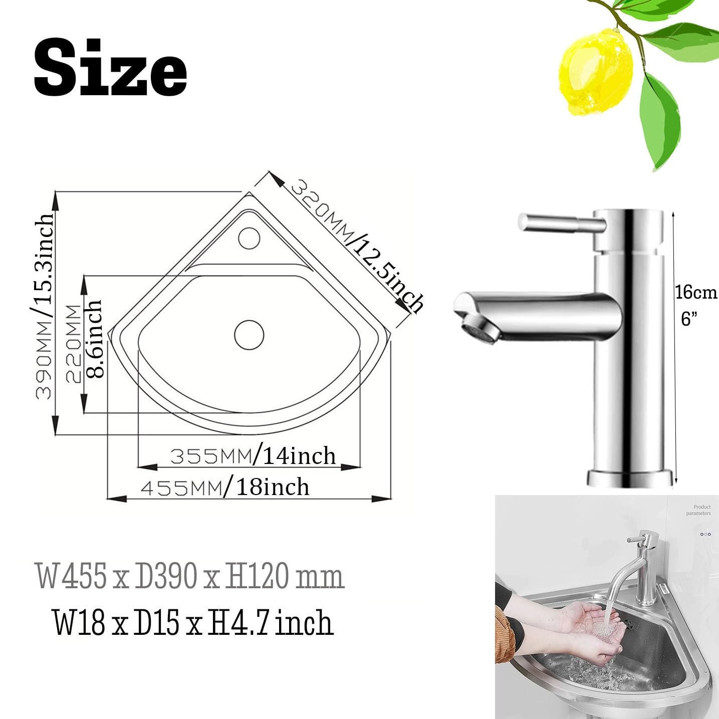 Lavello angolare da parete per bagno, 455x390 mm Lavabo da cucina Vasca Singola con Troppopieno Lavabo In Acciaio Inossidabile Lavamani per Ristorante