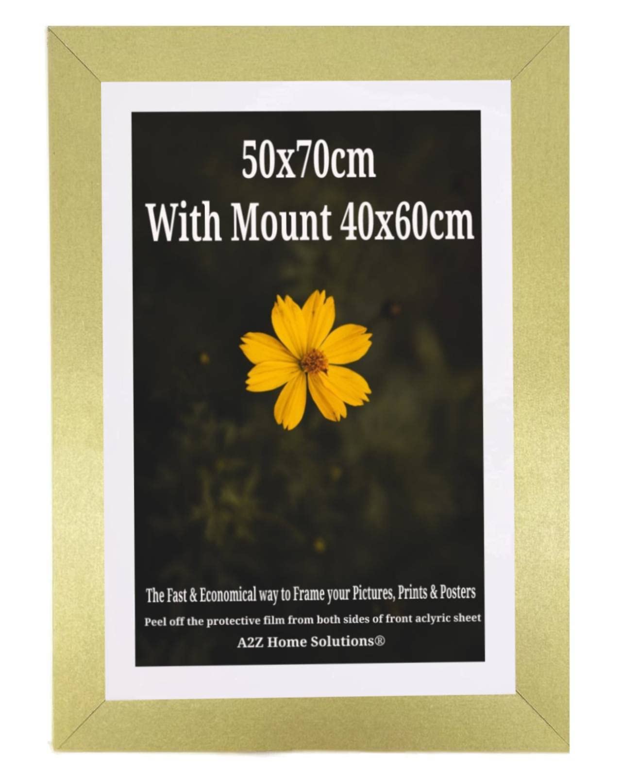 A2Z Home SolutionsPhoto Frame Gold 50x70 cm Frame With Mount 40x60 cm Picture Poster Print With Clear HD Perspex 30x15 MM Moulding Mounting Hooks MDF Backboard