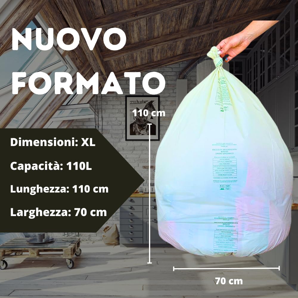 100 Sacchi Spazzatura 70x110 cm, Sacchetti Umido Grandi Biodegradabili e compostabili - Sacchi Umido per i bidoni della Raccolta Differenziata da interno.