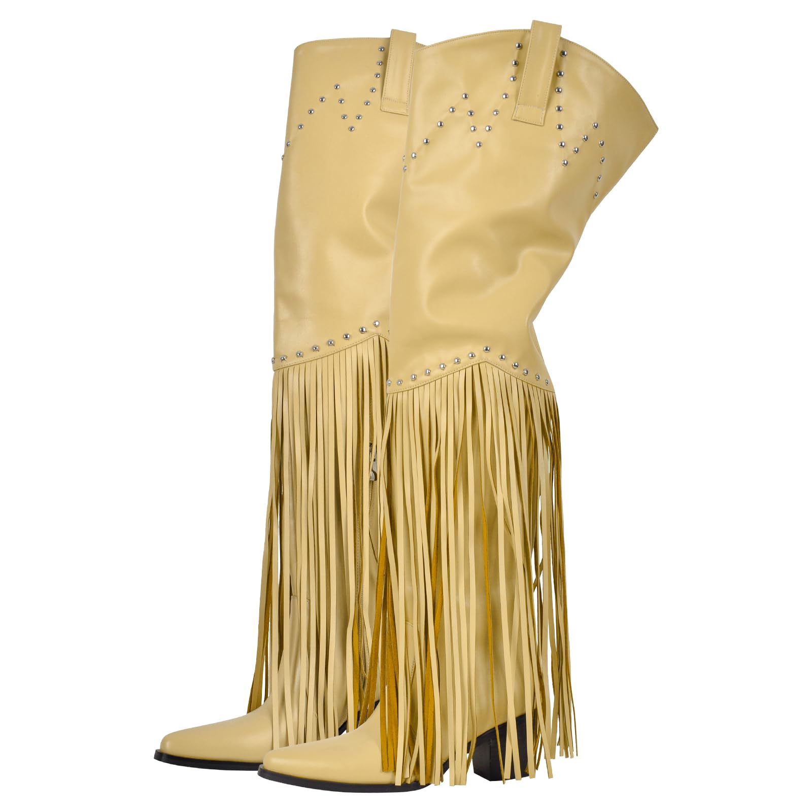 richealnini Western Thigh High Cowboy Boots with Fringe Over Knee Wide Calf Cowgirl Boots