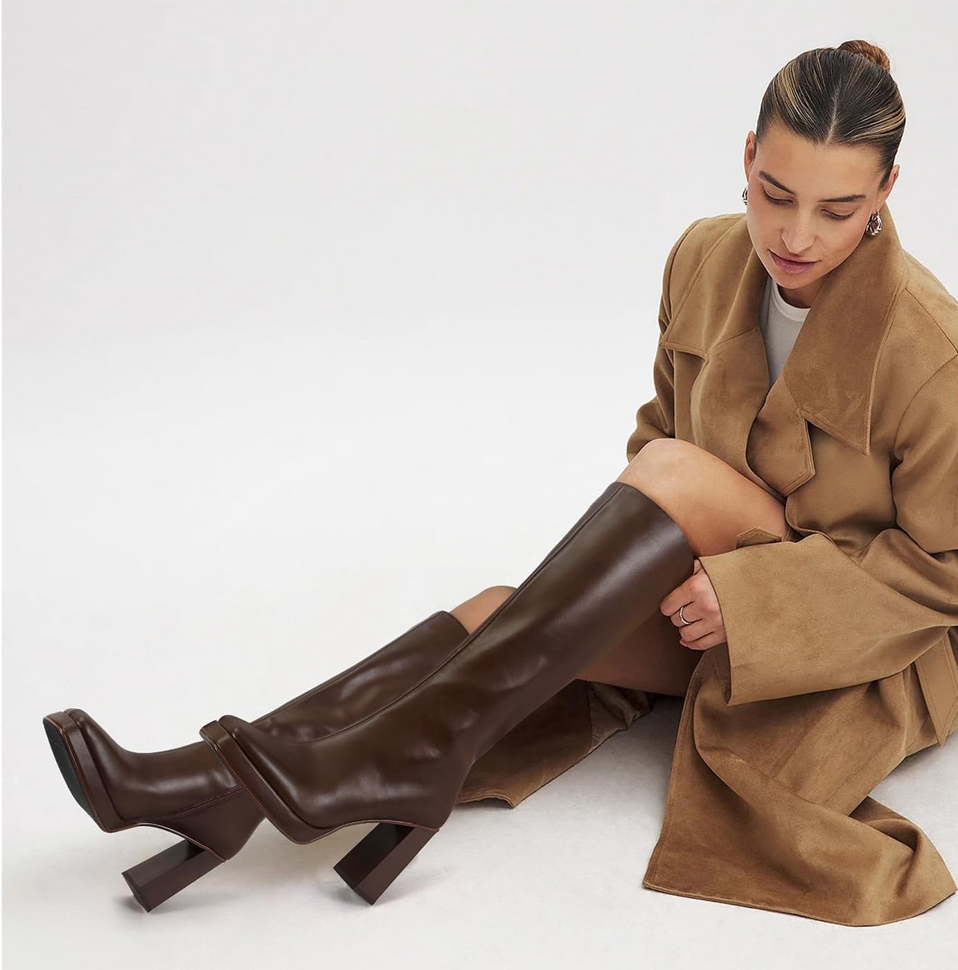 Dsevht Black Leather Knee High Boots for Women Platform Chunky Block Heeled Tall Long Boots Square Toe and Side Zipper Design Fashion Dress 70s Gogo Boot