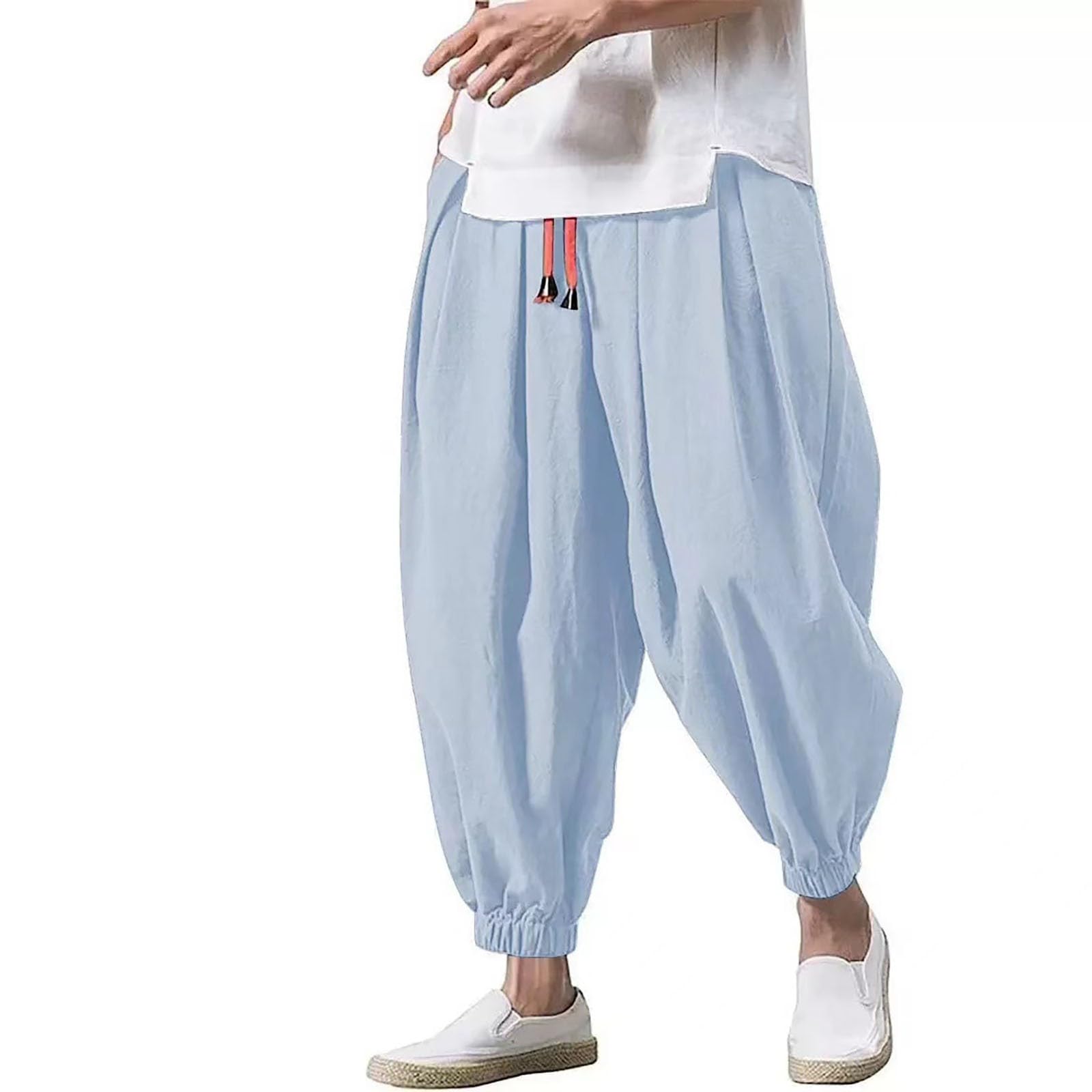 Mens Streetwear Harem Pants Japanese Style Loose Casual Hippie Baggy Joggers Trousers with Pockets High Waisted Running Trousers Comfortable and Soft